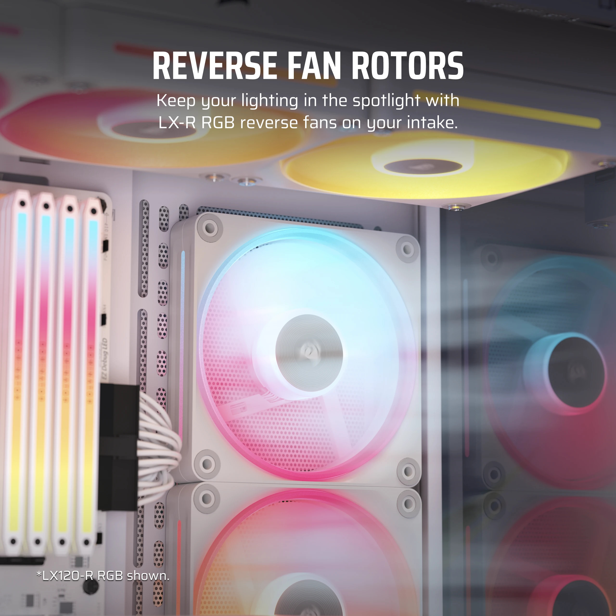 Ventilateurs PC blancs avec éclairage RVB rose et bleu, partie d'un boîtier d'ordinateur.