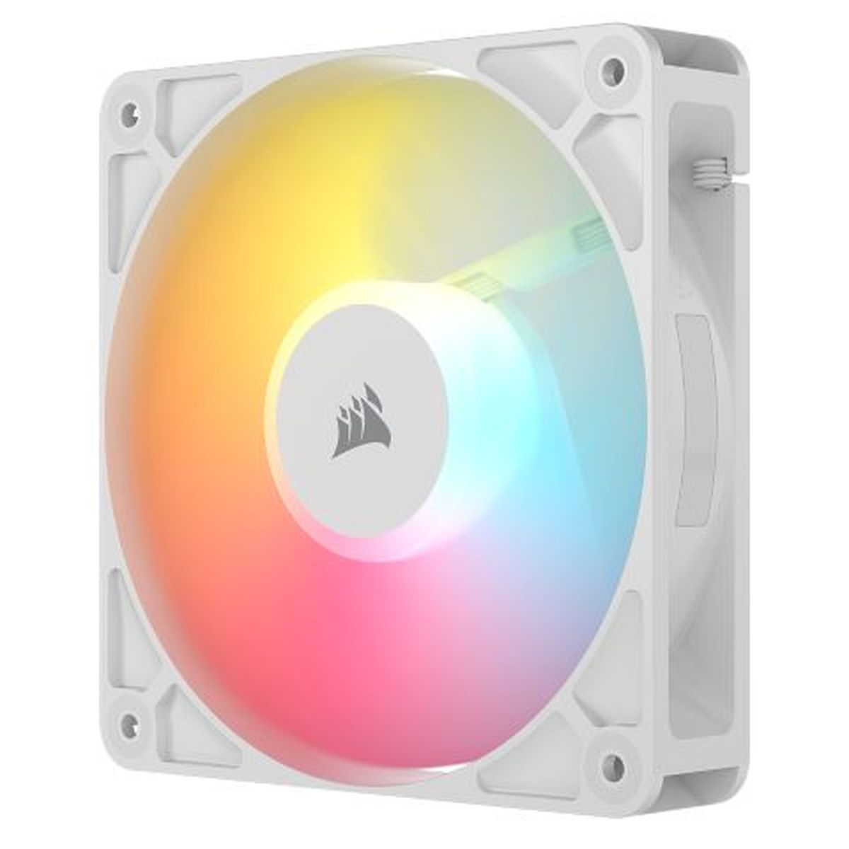 Un ventilateur PC blanc avec éclairage RGB arc-en-ciel.