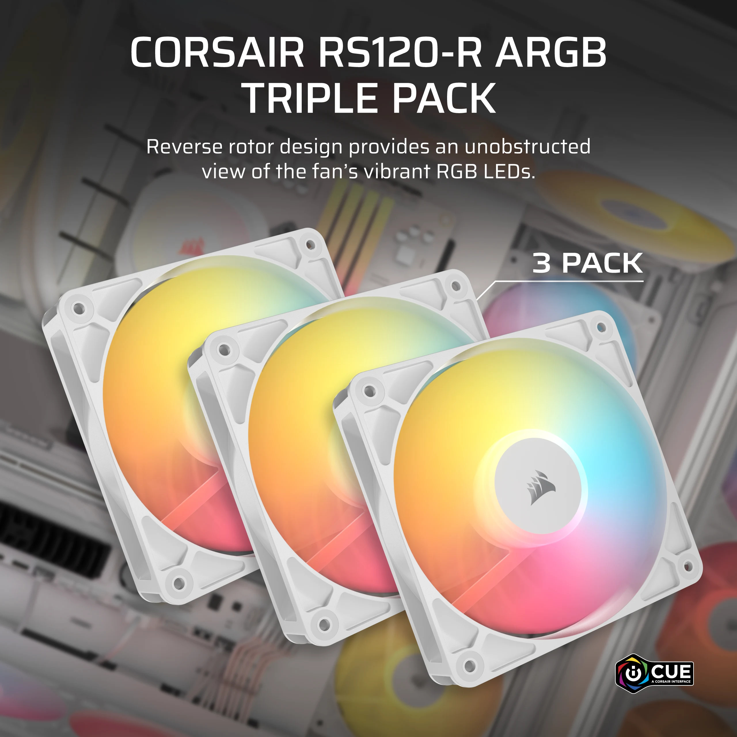 Trois ventilateurs blancs Corsair avec éclairage RVB arc-en-ciel, pack de 3.