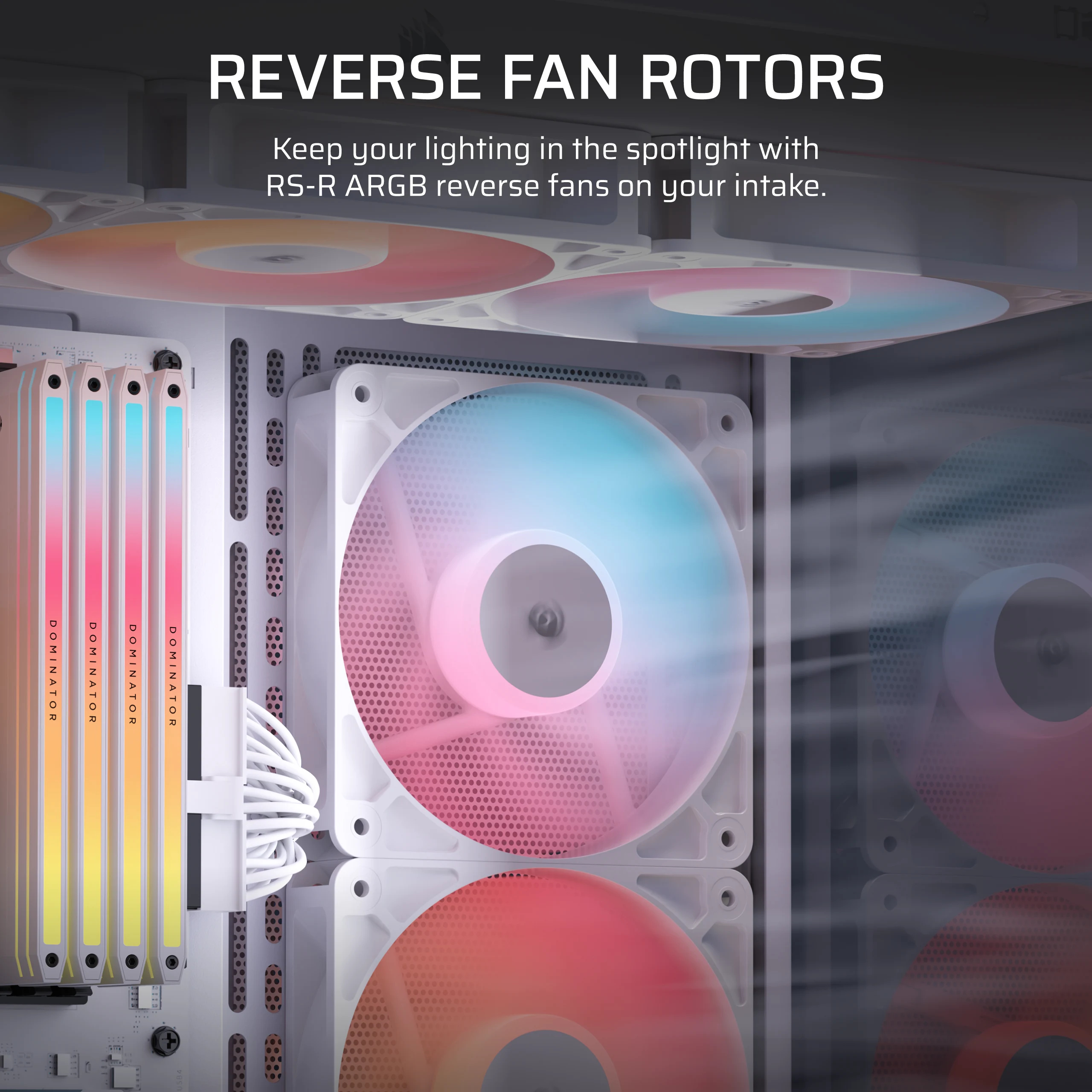 Intérieur de boîtier PC avec ventilateurs RGB, barrettes RAM et câbles.