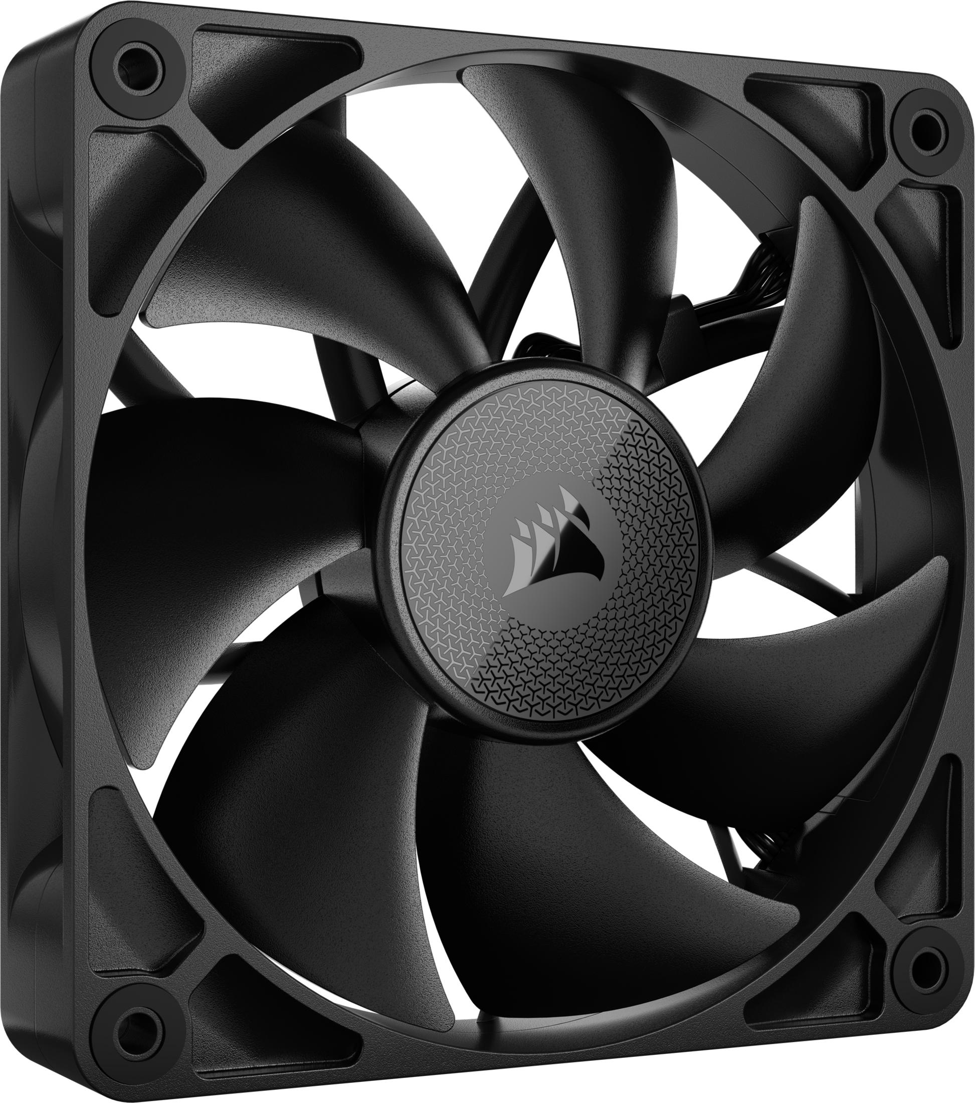 Un ventilateur d'ordinateur noir à six pales avec un logo central.