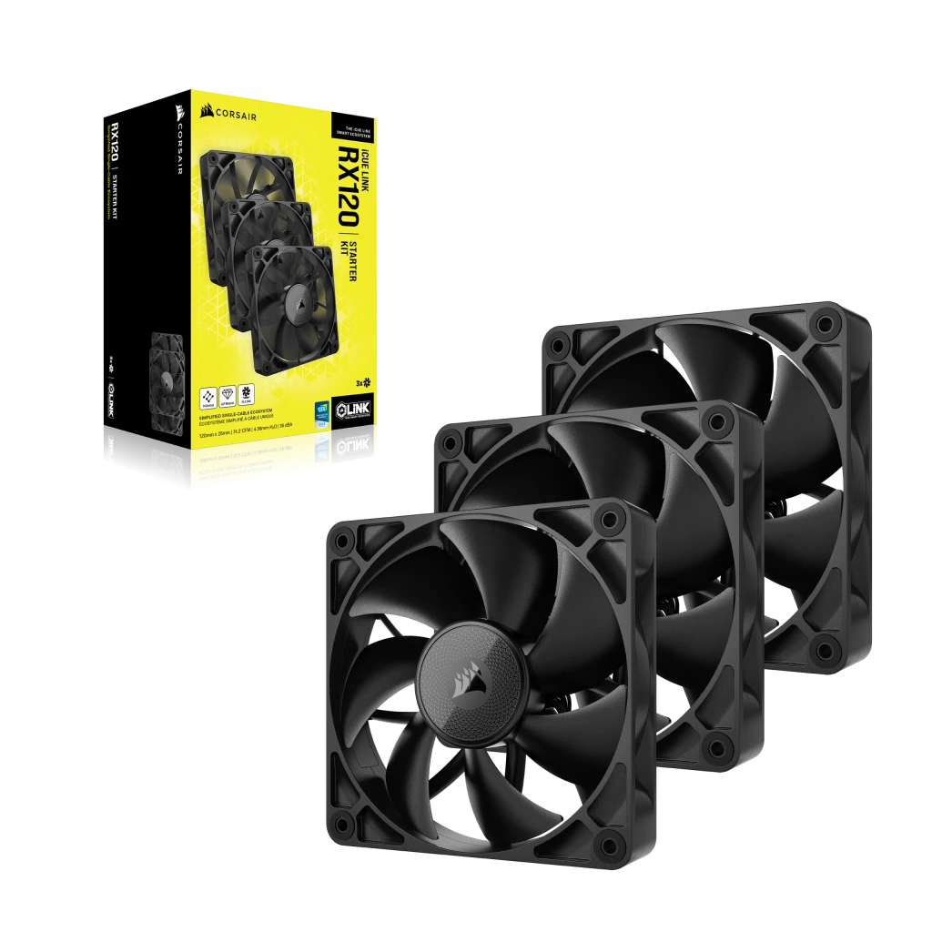 Trois ventilateurs noirs Corsair iCUE LINK RX120 et une boîte produit montrant des ventilateurs.