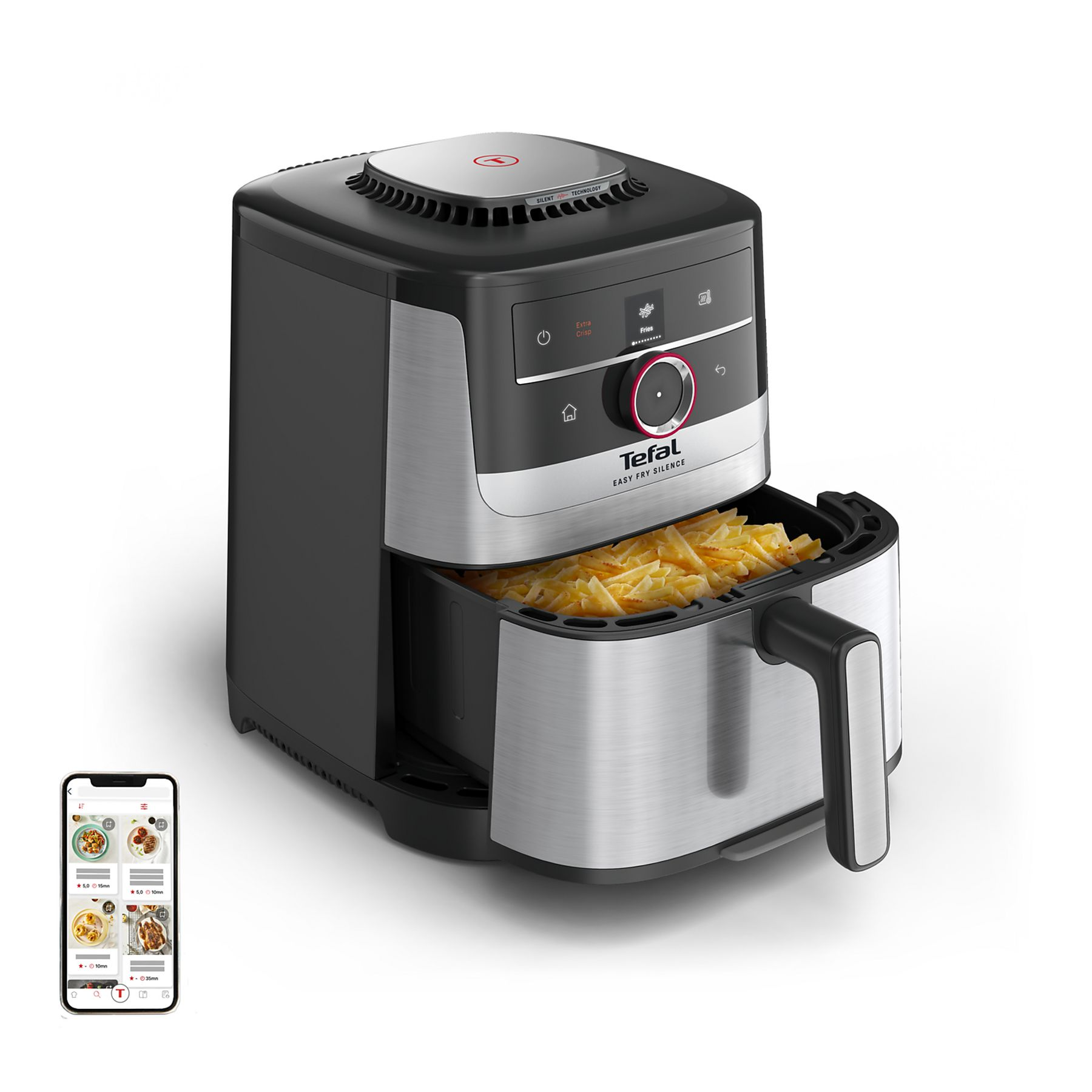A Tefal air fryer with fries and a phone app.