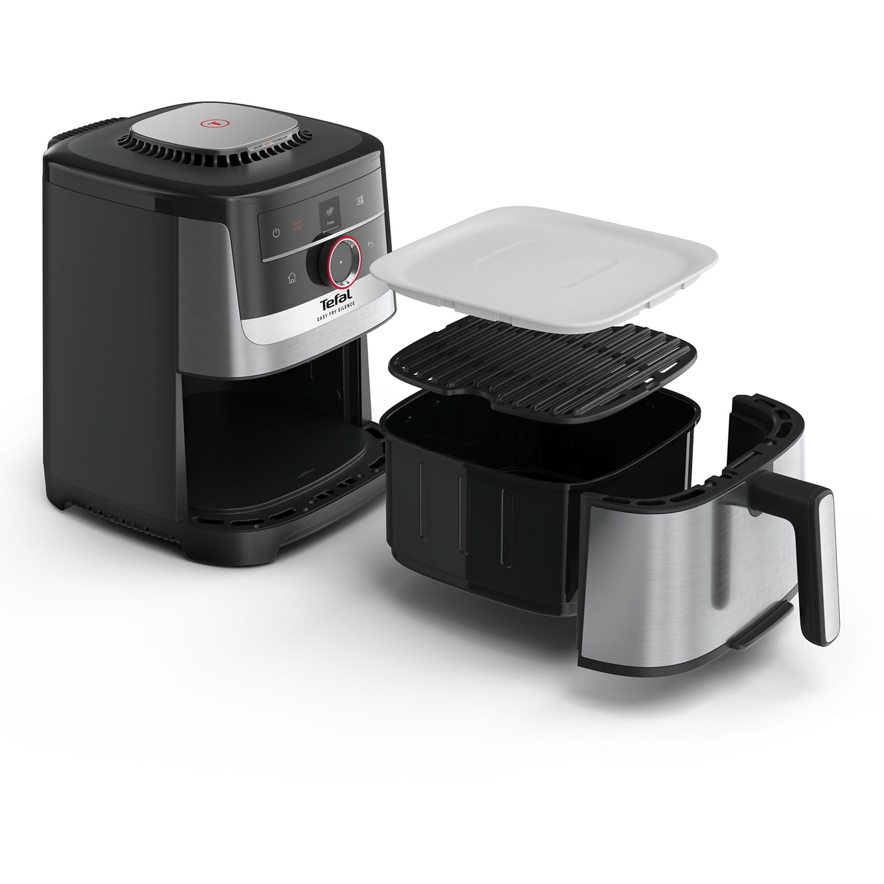 A Tefal air fryer with its basket, rack, and lid detached.