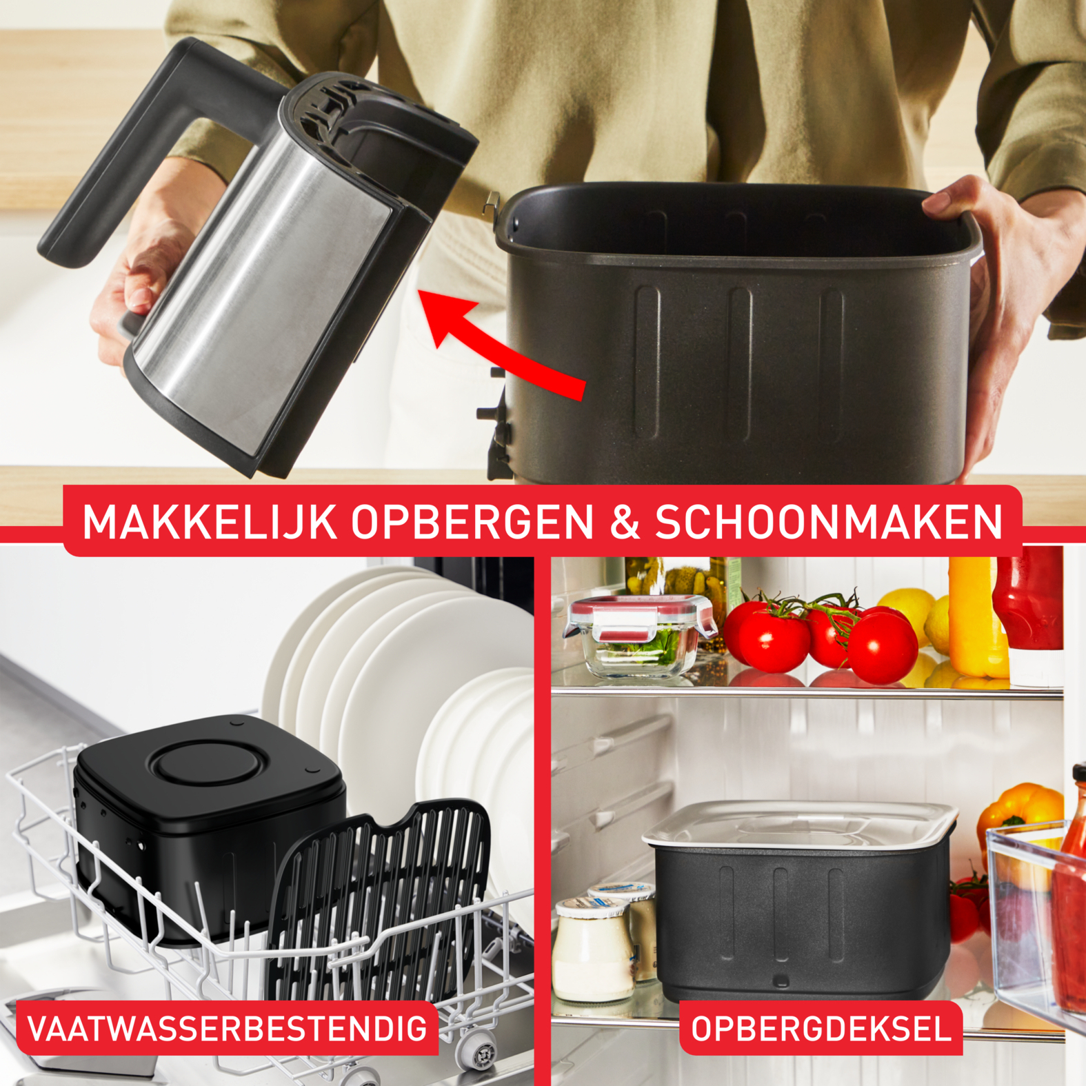 A man holds a silver and black kitchen appliance. Below: a dishwasher and a refrigerator.