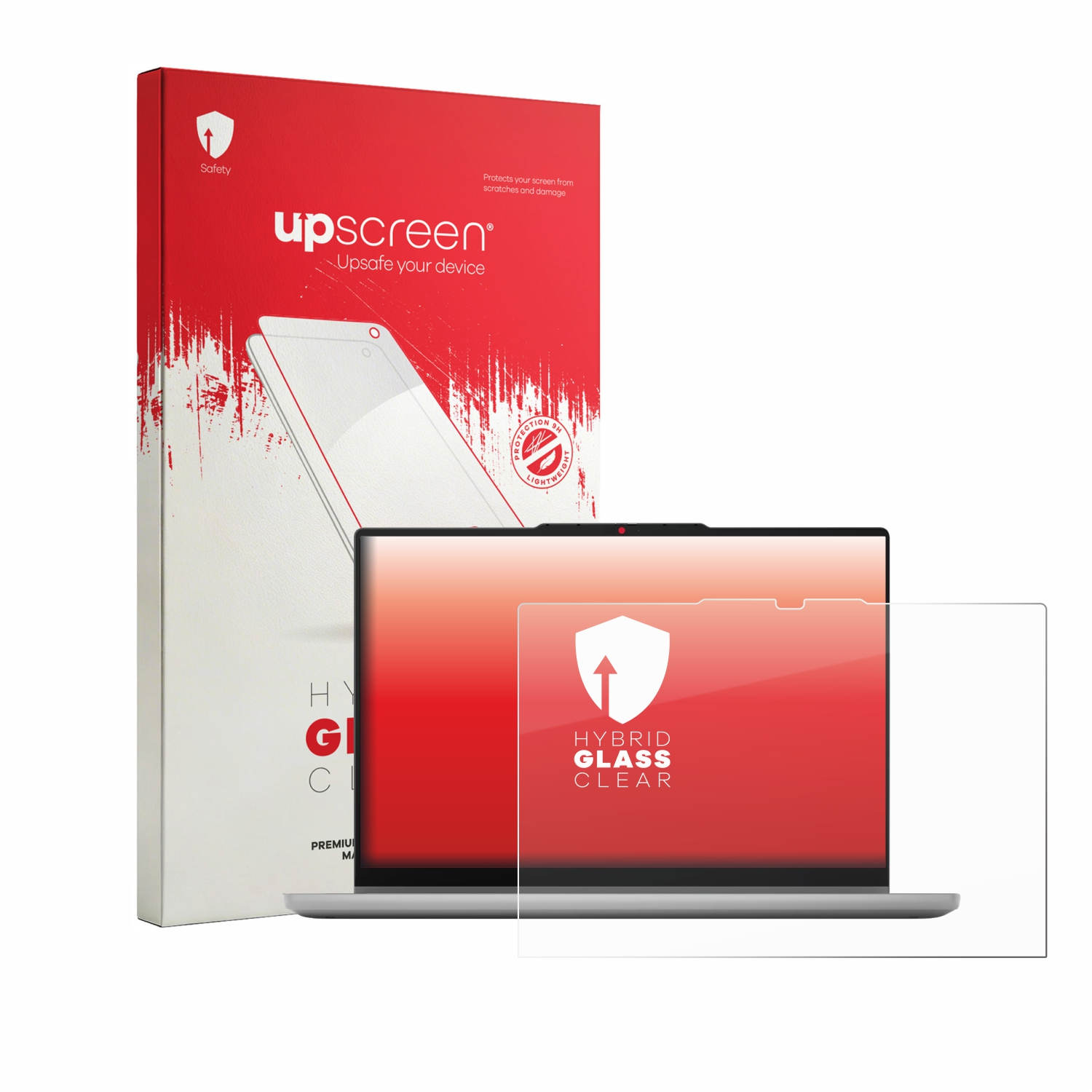 Rote Schachtel mit 'upscreen'-Logo und Displayschutzfolie auf Laptop.