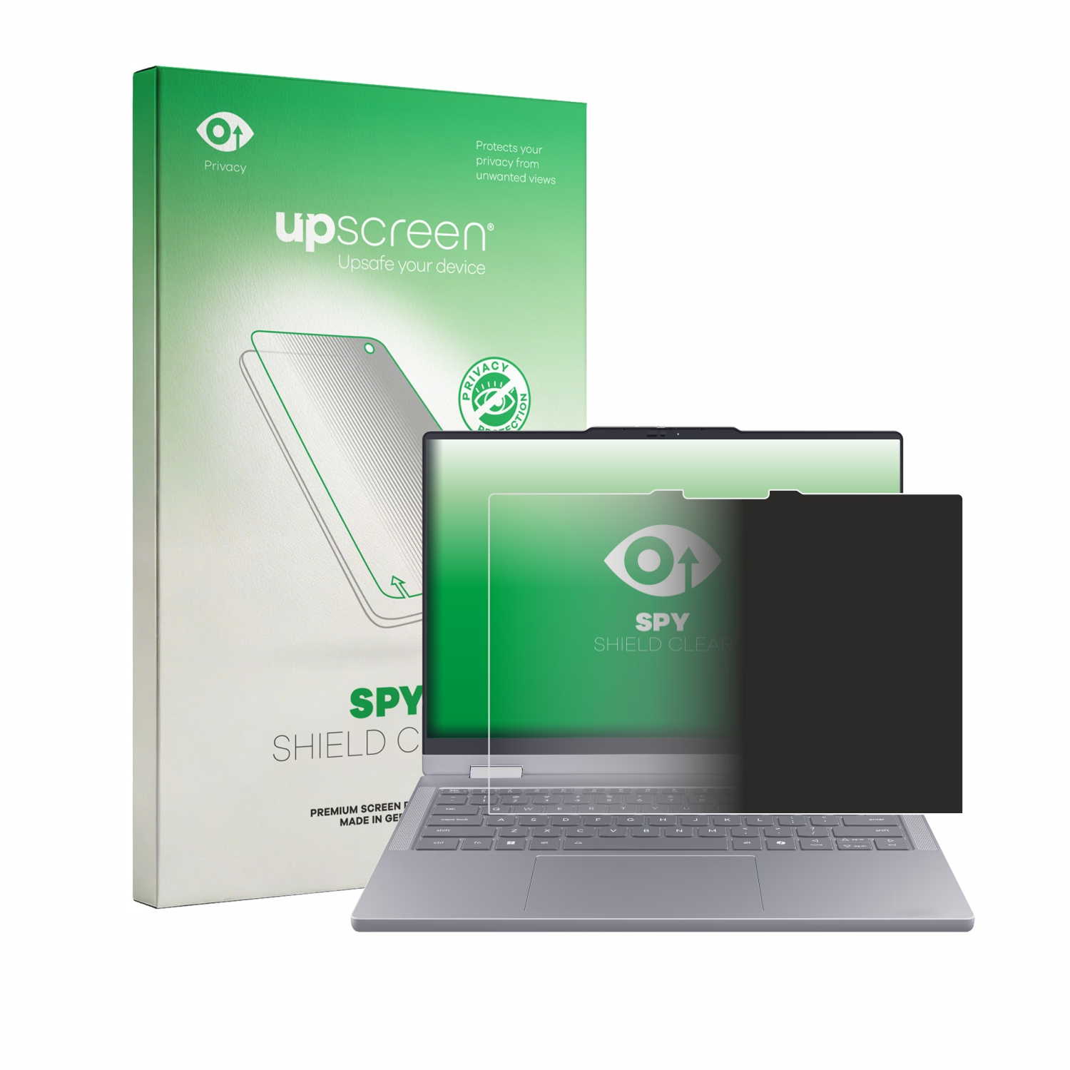 Laptop mit Sichtschutzfolie und Verpackung. Die Verpackung ist grün.