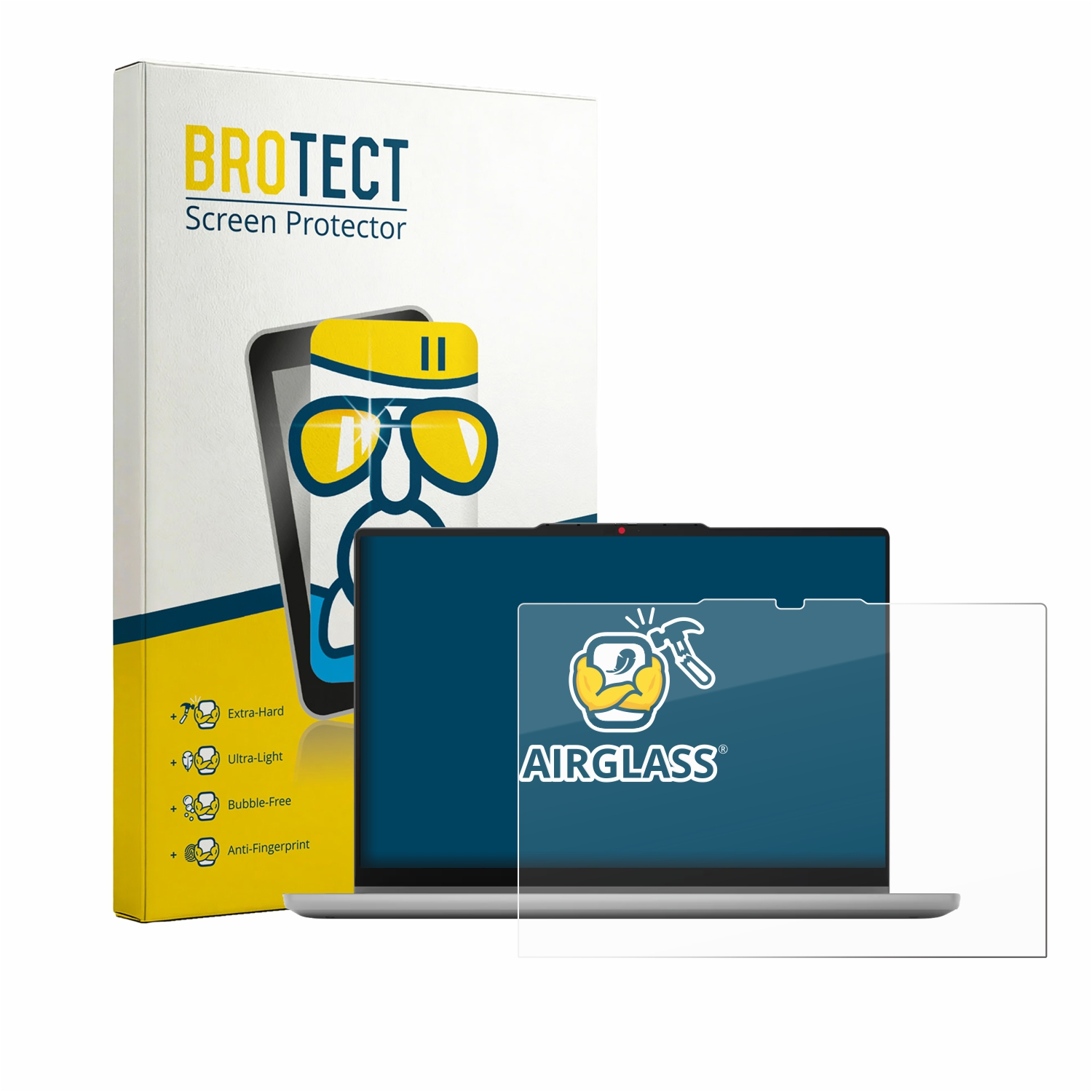 BROTECT Displayschutzfolien-Verpackung neben einem Laptop mit angebrachter Displayschutzfolie.