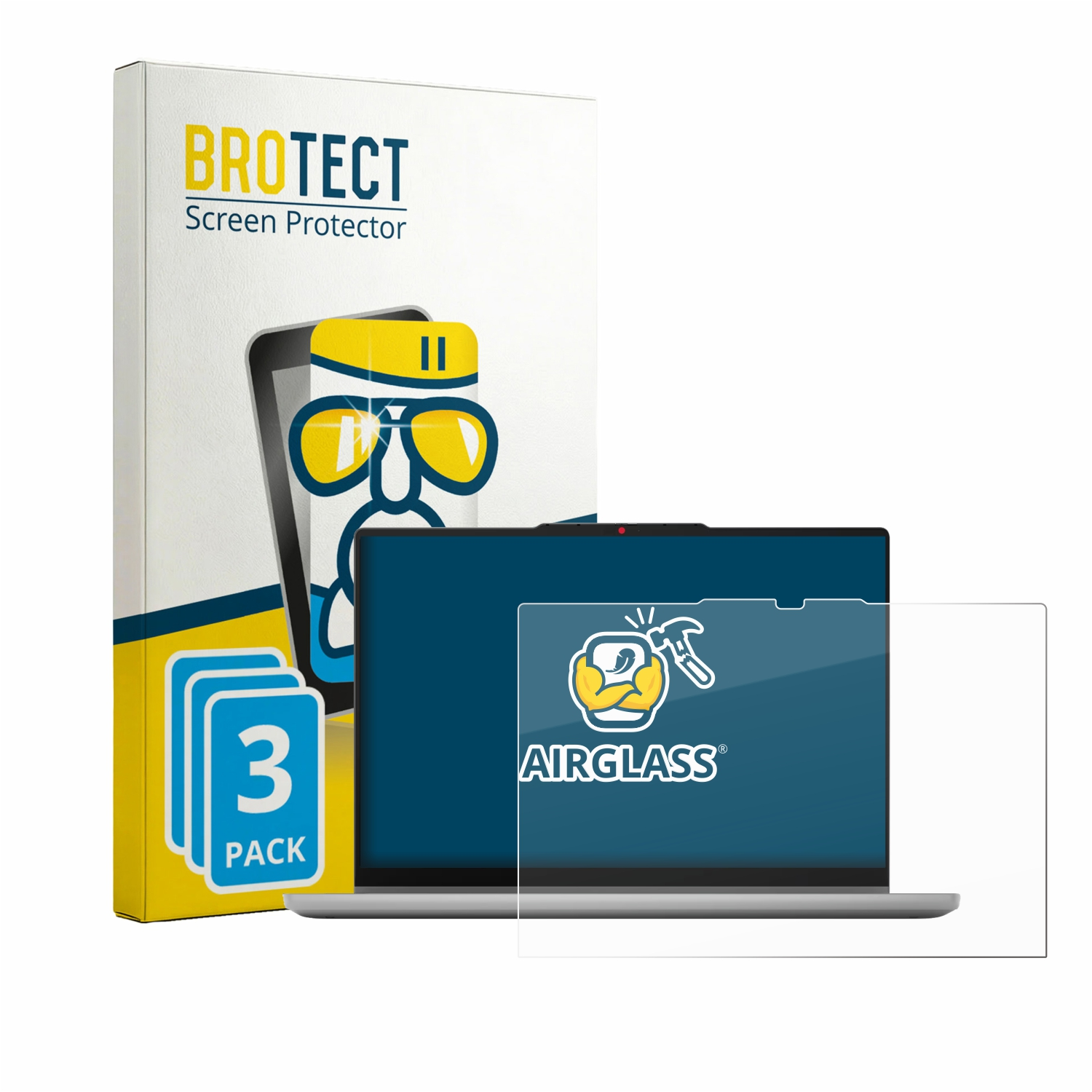 Verpackung für BROTECT Displayschutzfolien mit 3 Stück, daneben ein Laptop.