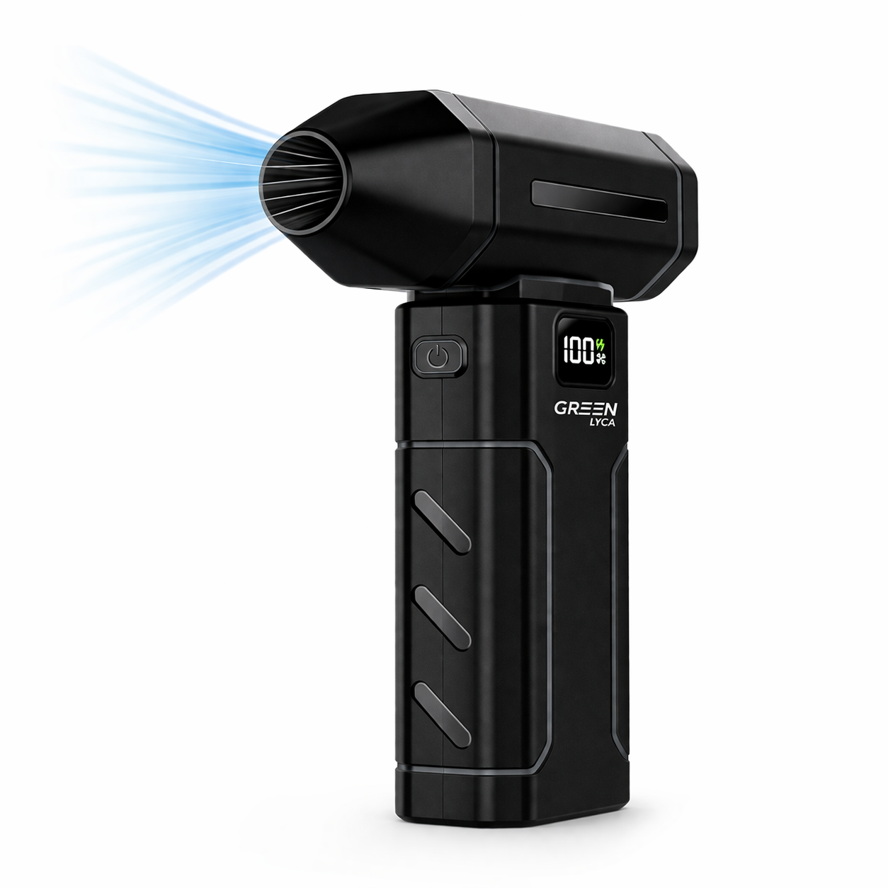 Soplador negro compacto con flujo de aire azul de la boquilla. Pantalla digital muestra 100%.