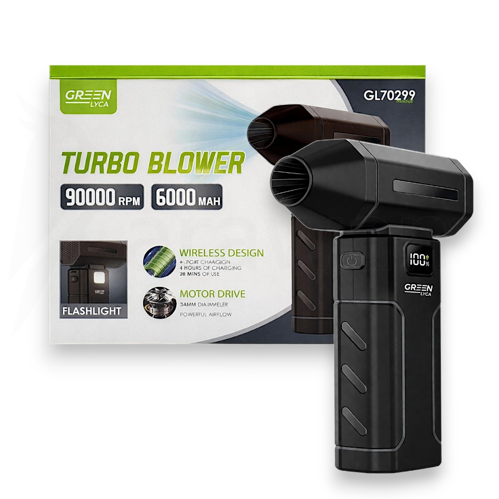 Soplador Turbo Verde con 90000 RPM y 6000 mAh, diseño inalámbrico, linterna.
