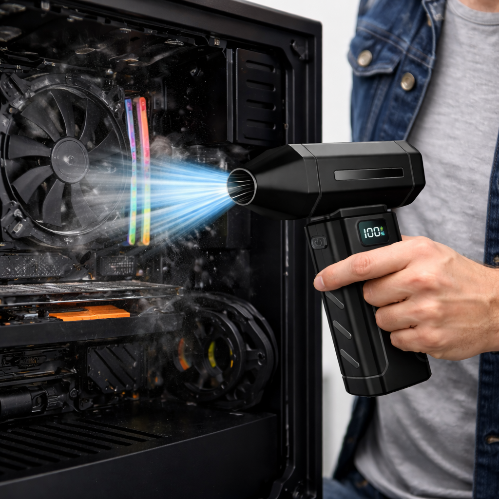 Una persona limpia una computadora con un soplador negro. Chorro de aire azul visible.