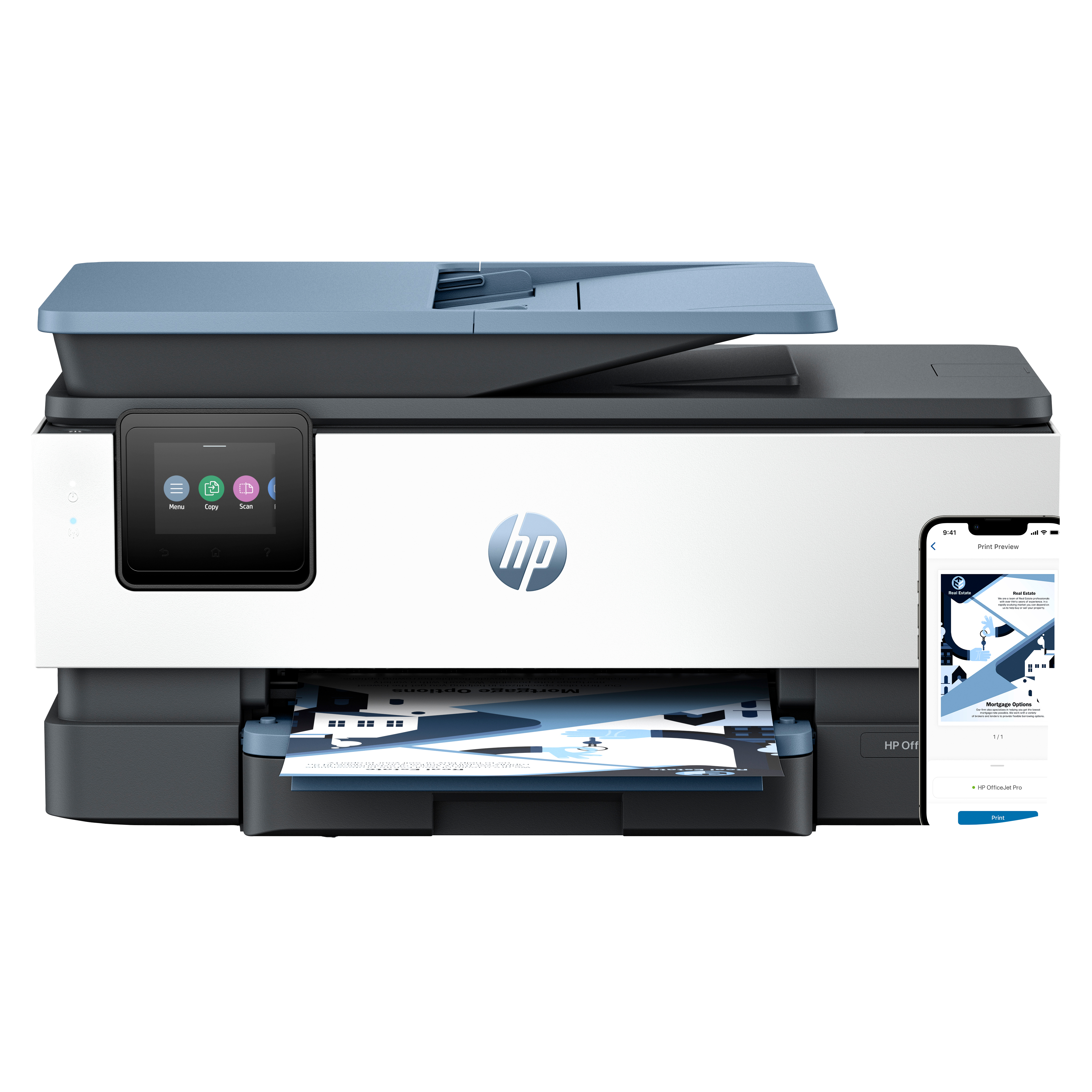 HP OfficeJet Pro printer with touchscreen and smartphone showing print preview.