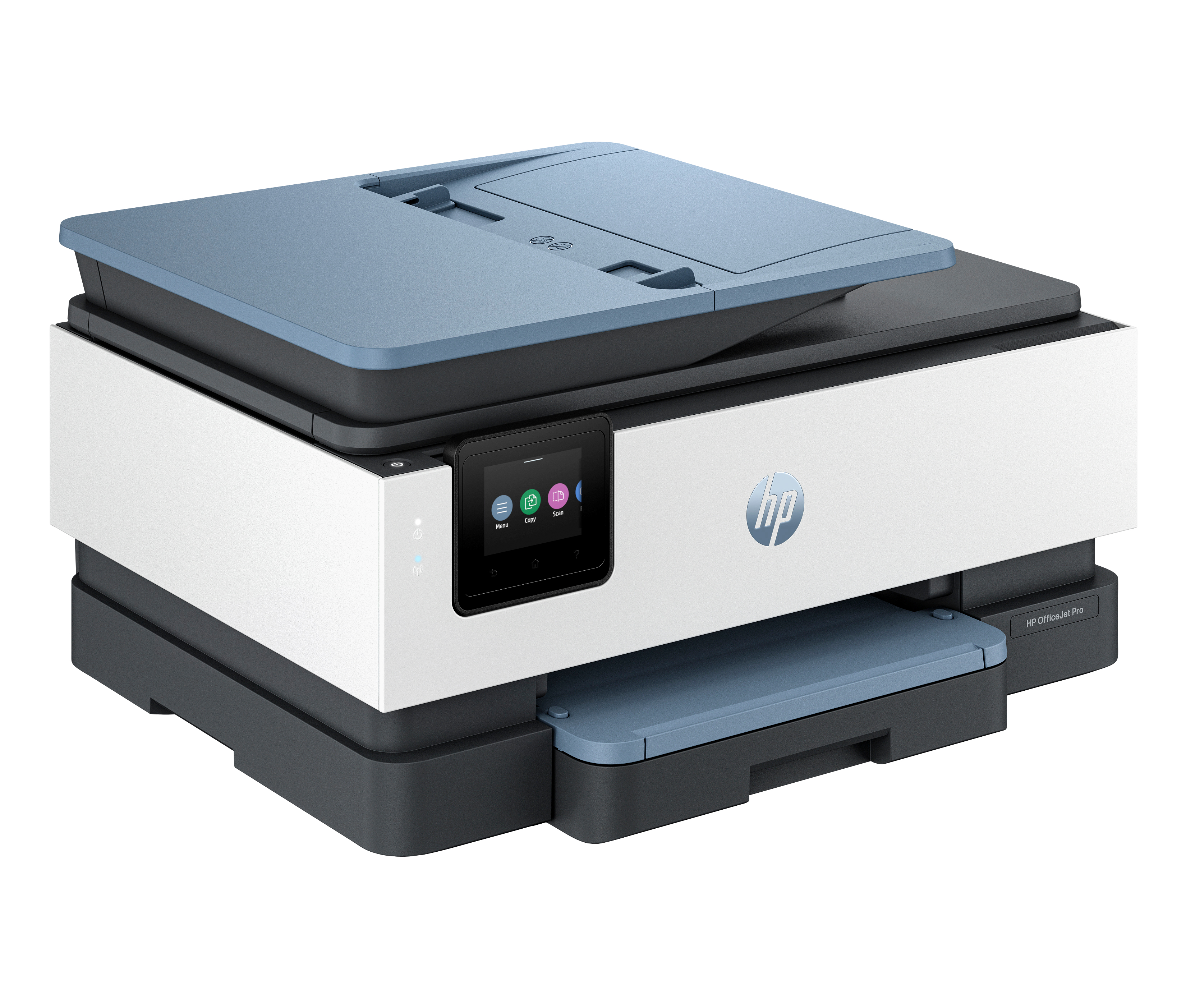 A white HP OfficeJet Pro printer with a blue lid and touchscreen.