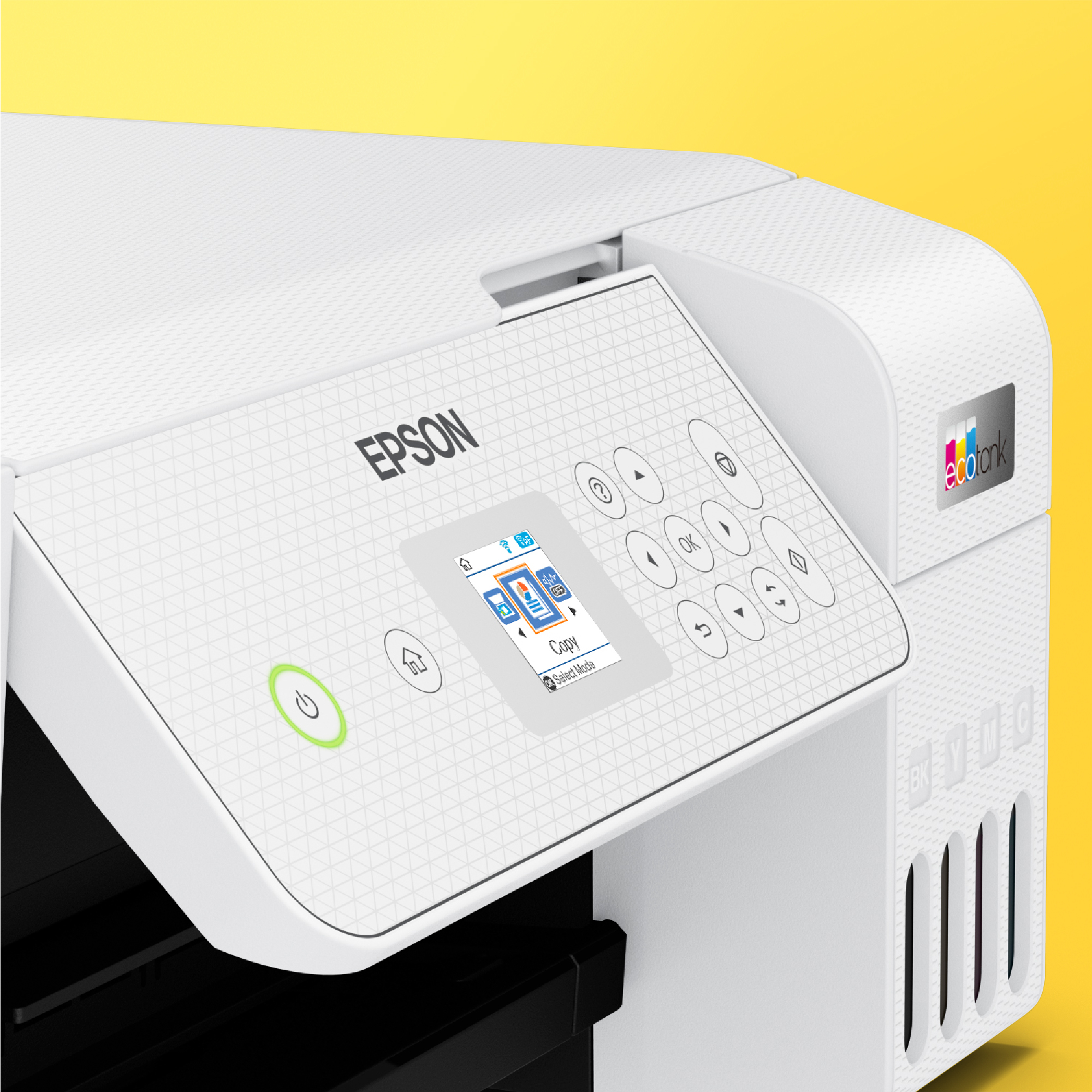 Biała drukarka Epson EcoTank z panelem sterowania i małym ekranem.