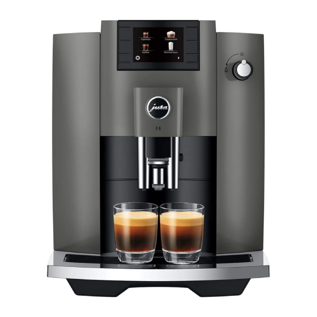 Grauer Kaffeevollautomat mit zwei Gläsern Espresso darauf, auf einer silbernen Tropfschale.