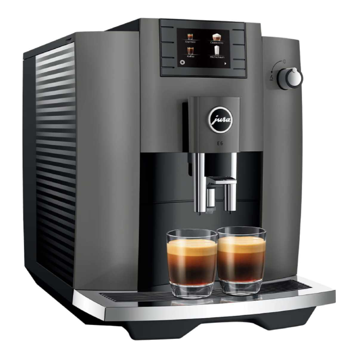 Eine elegante, dunkelgraue Jura E6 Kaffeemaschine mit zwei Espressogläsern darunter.