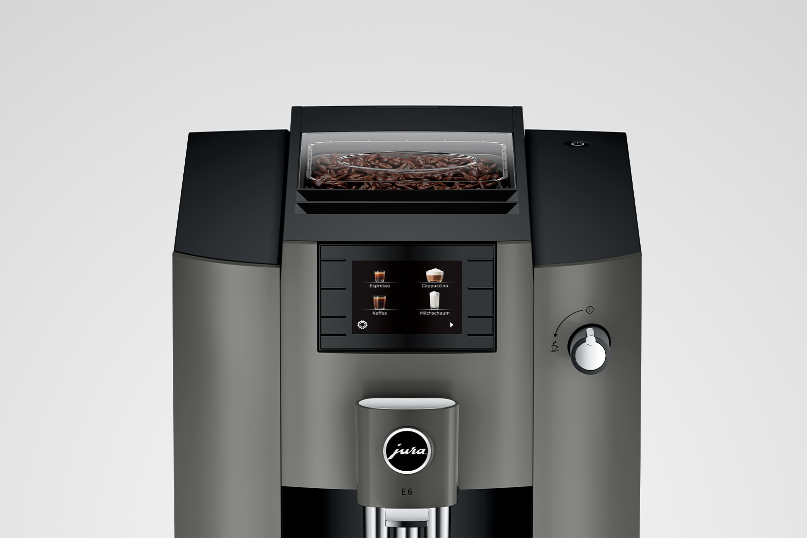 Kaffeemaschine mit Bohnenbehälter, Touchscreen und Milchaufschäumer-Option.