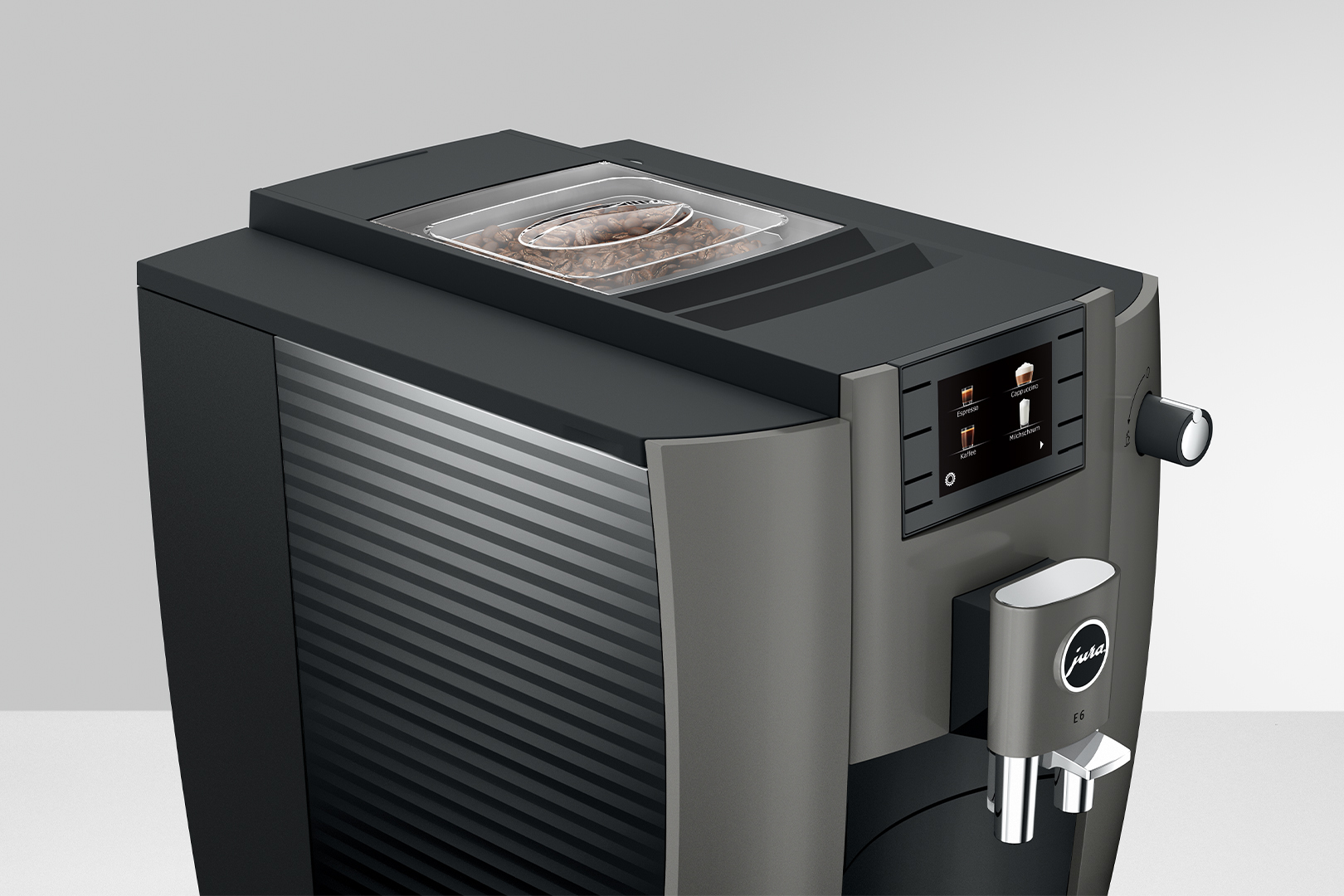 Eine moderne Kaffeemaschine mit Bohnenbehälter und Touchscreen-Display.