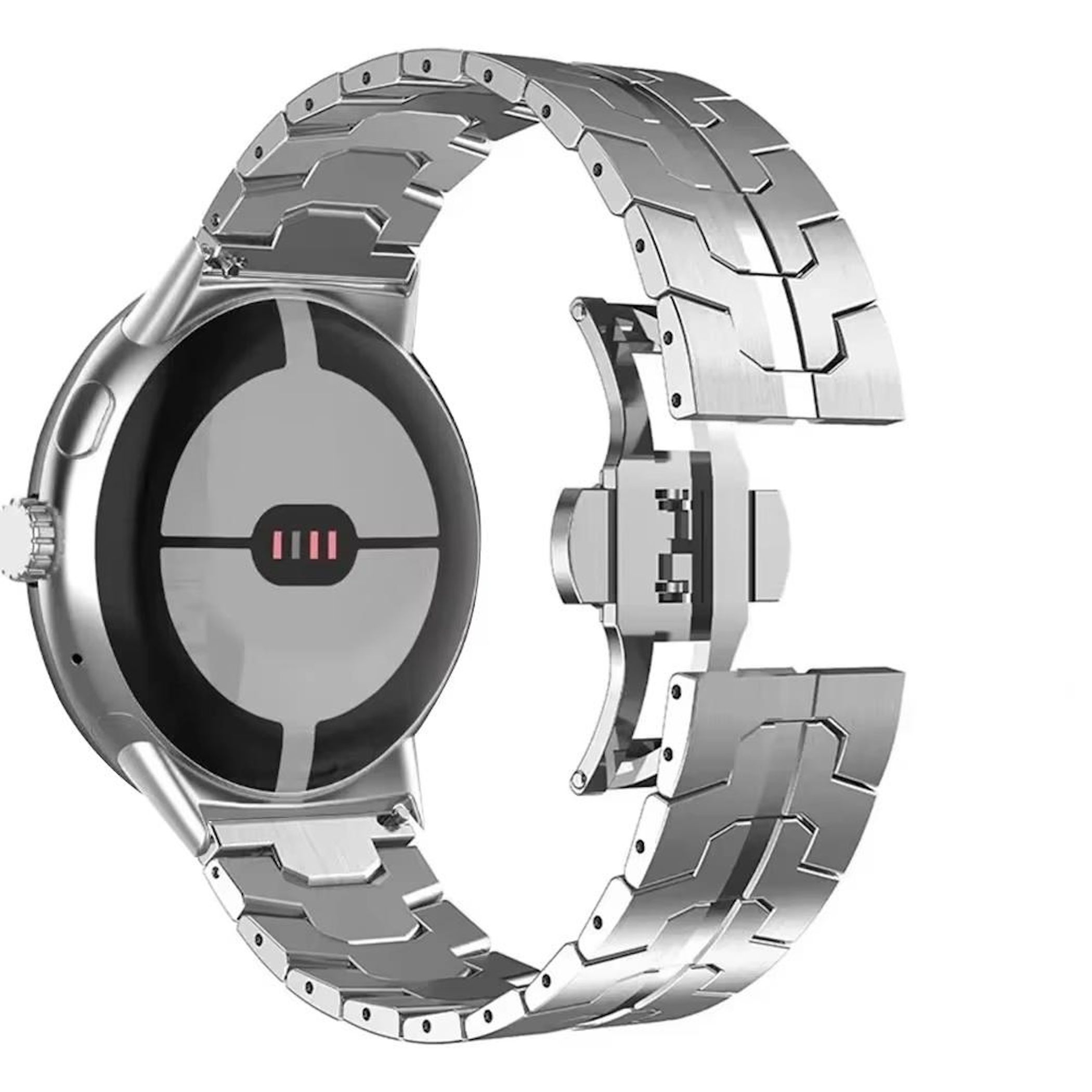 Ein silbernes Metallarmband für eine Smartwatch, mit geschwungenem Design und Schnallenverschluss.
