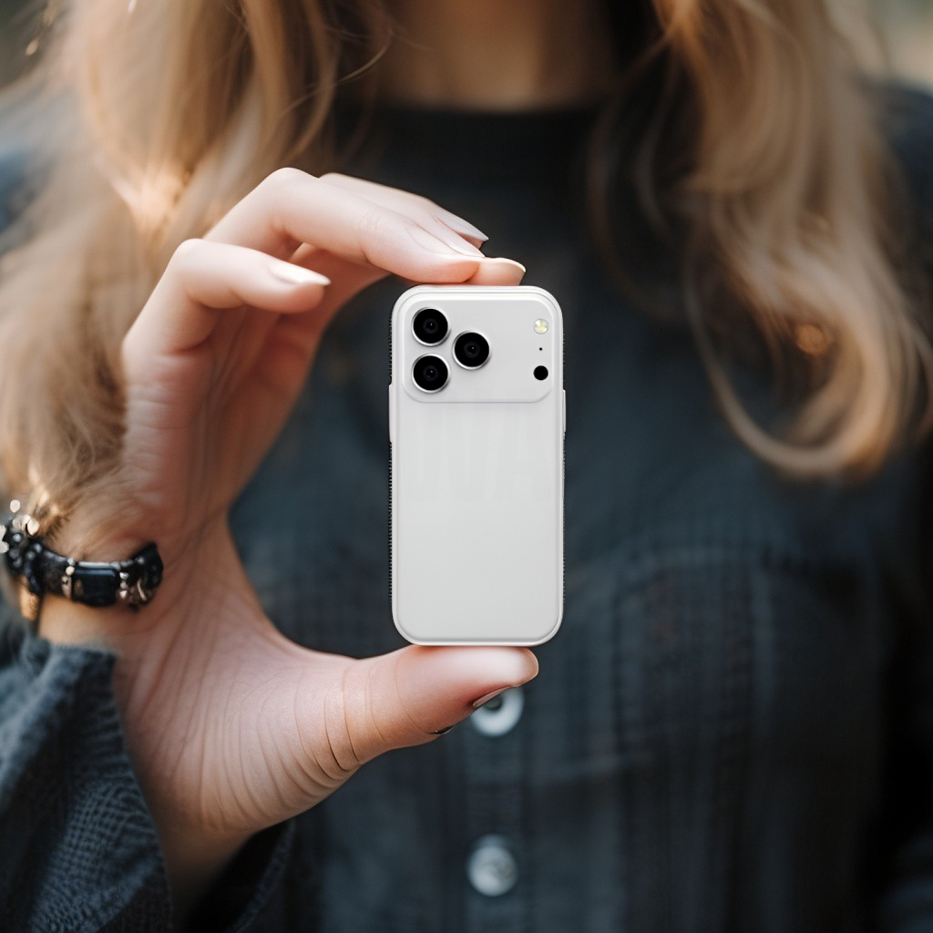 Una mano sostiene un smartphone blanco con tres cámaras.