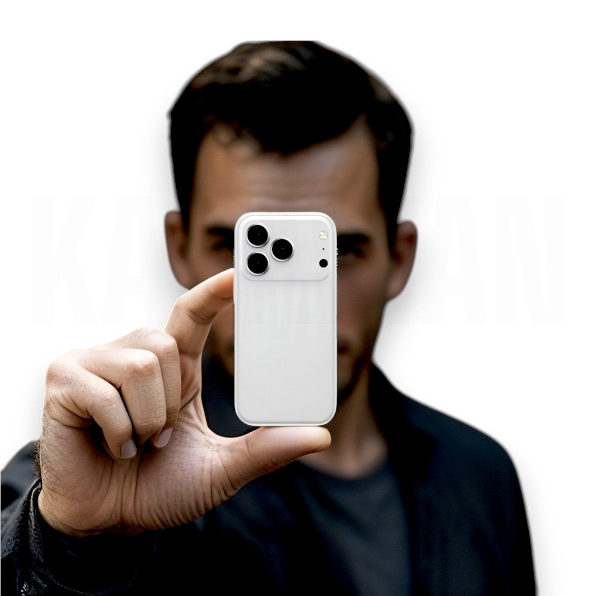 Un hombre sostiene un pequeño teléfono inteligente blanco delante de él.