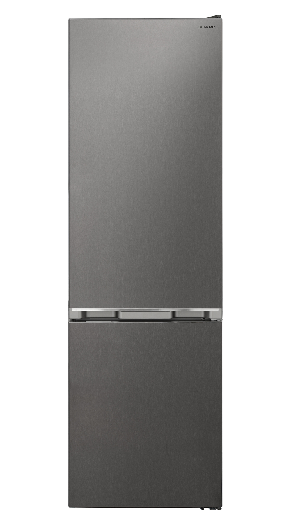 Un frigorifero moderno grigio con maniglia argentata e logo SHARP in alto.