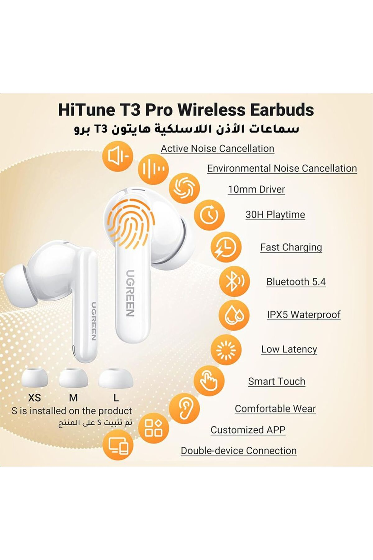 Şarj kutulu ve XS, M, L boyutlarında beyaz UGREEN HiTune T3 Pro kablosuz kulaklıklar.