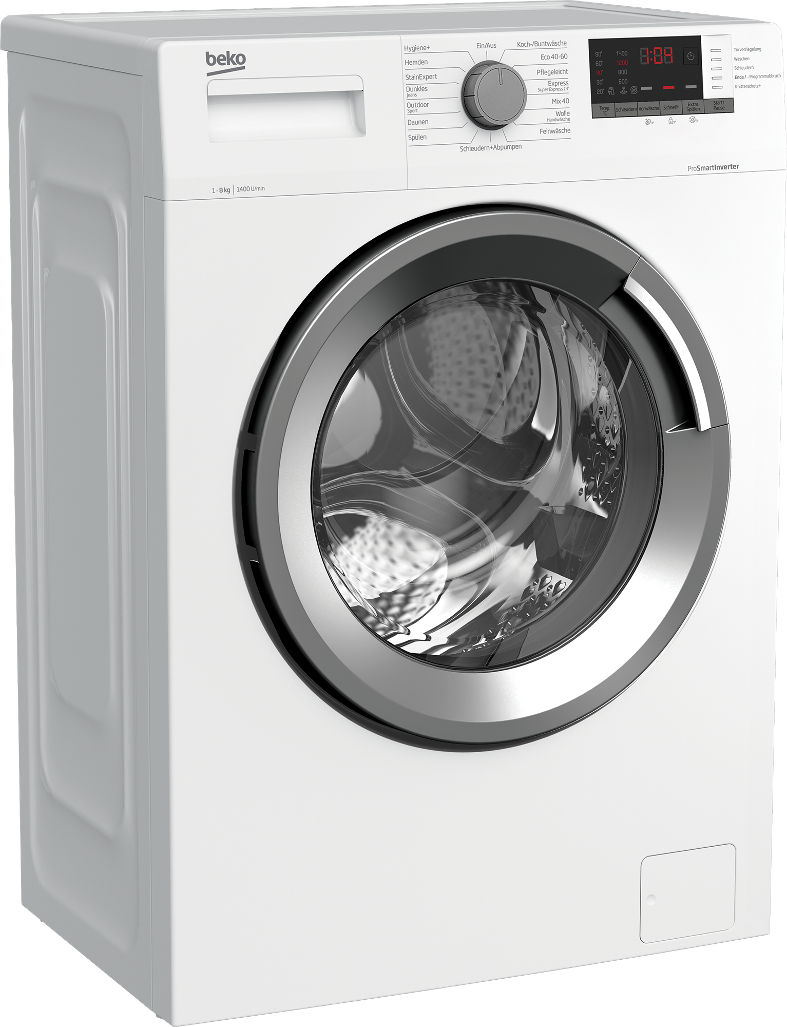 Eine weiße Beko Waschmaschine mit silbernem Bullauge und Bedienfeld.