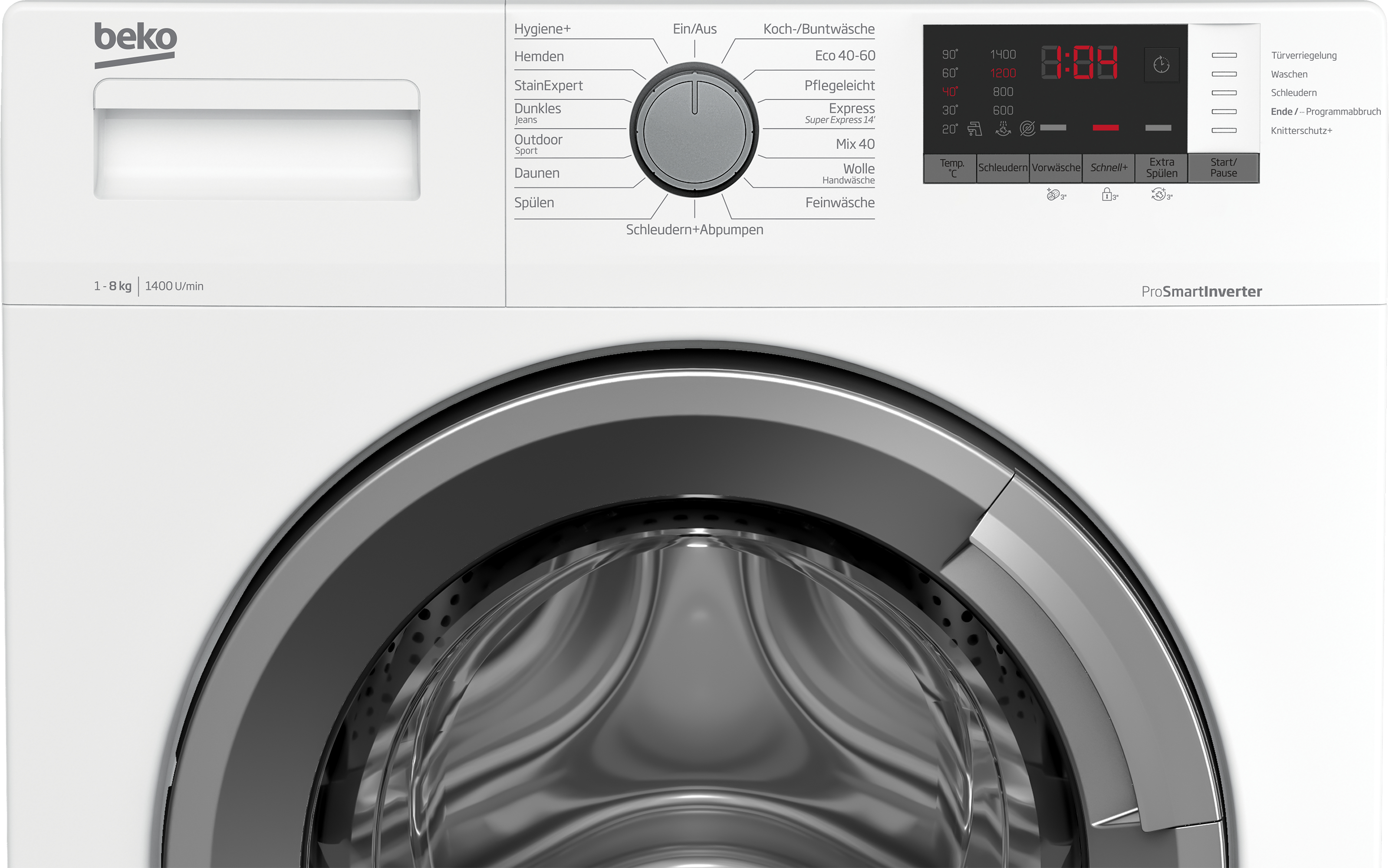 Eine weiße Beko Waschmaschine mit silbernem Bullauge und Bedienfeld.