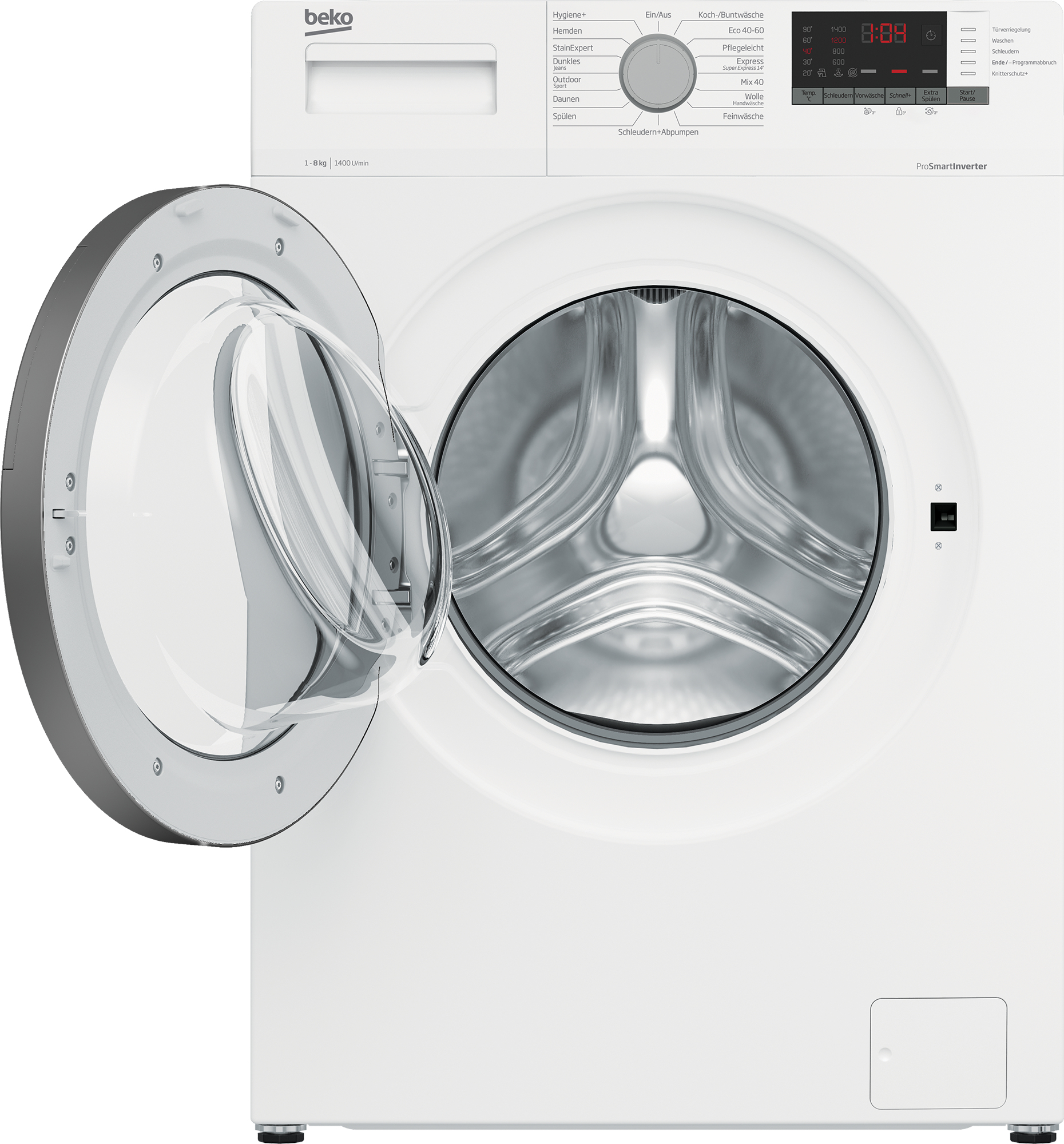 Eine weiße Beko Waschmaschine mit offener Tür und sichtbarer Trommel.