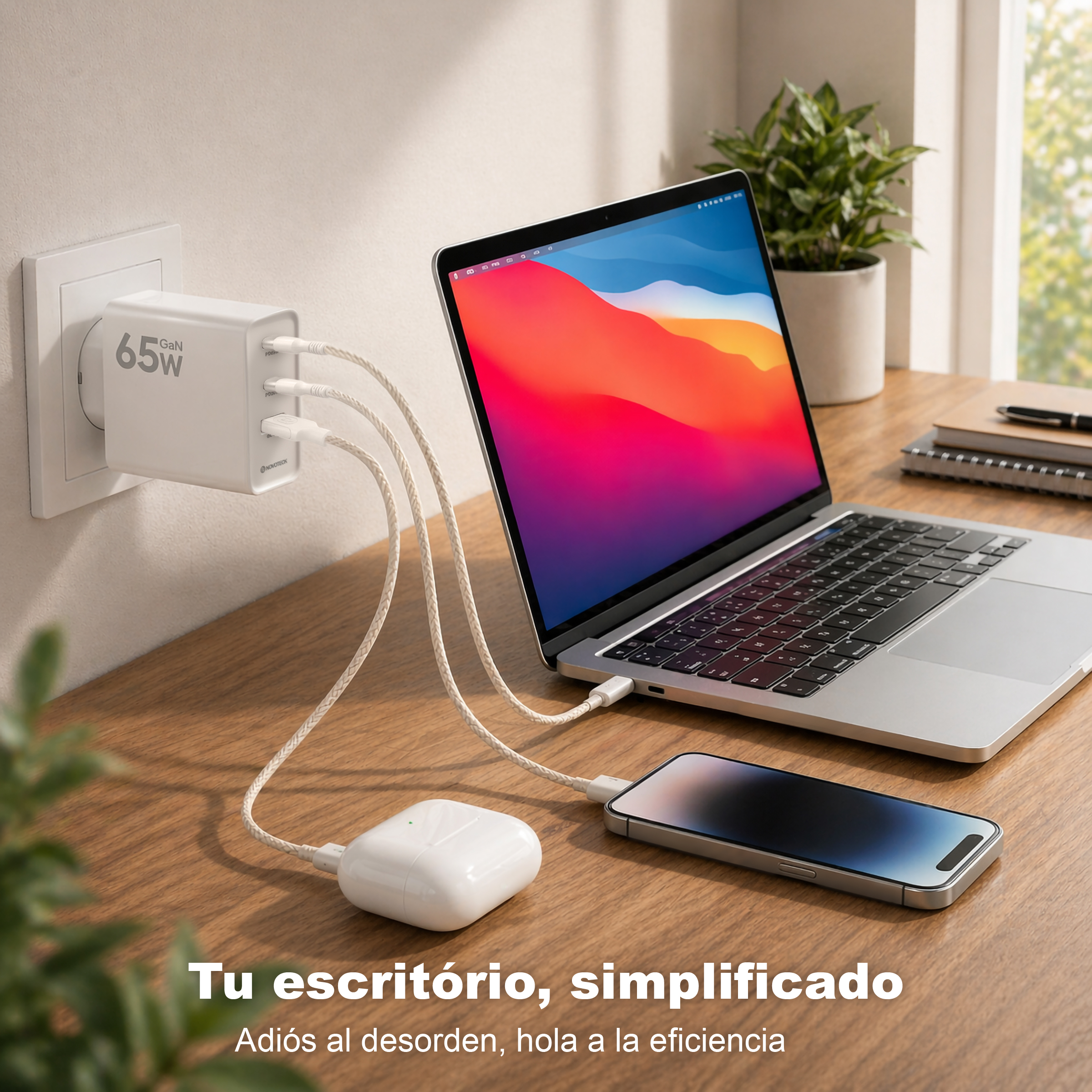 Un cargador GaN de 65W carga un portátil, teléfono y auriculares en un escritorio.