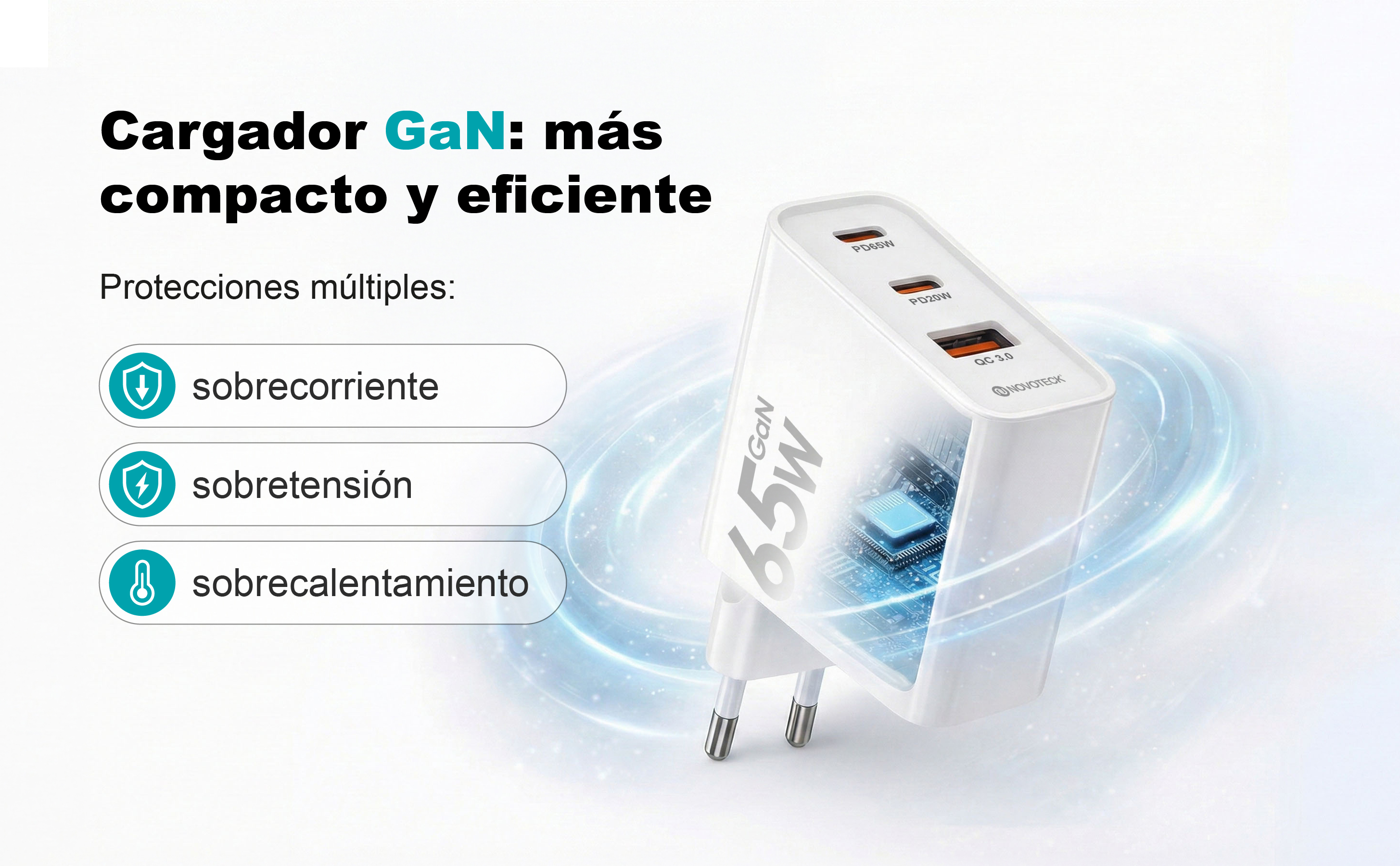 Cargador blanco GaN con 3 puertos y funciones de protección.