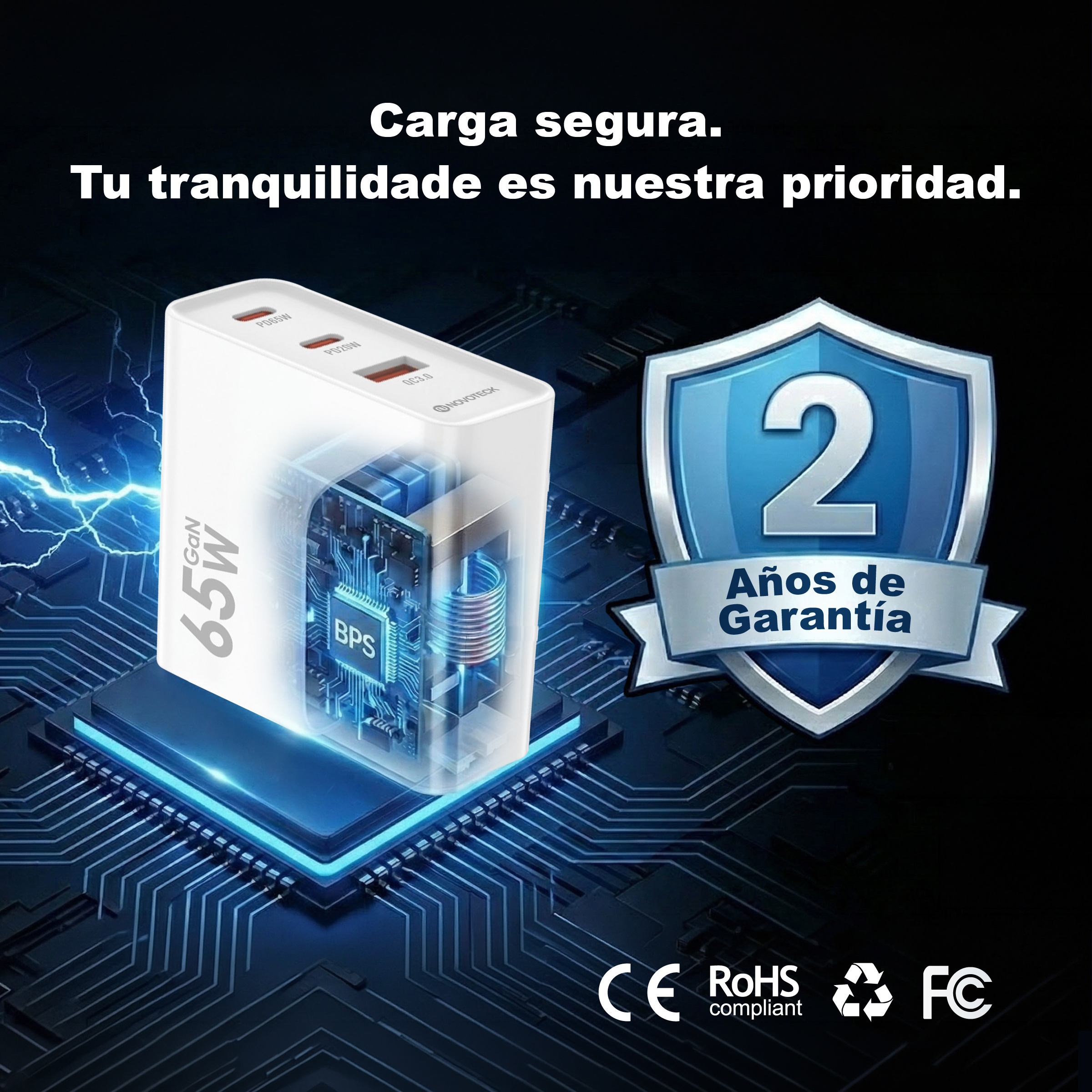 Un cargador blanco GaN de 65W se muestra con un escudo de 2 años de garantía.