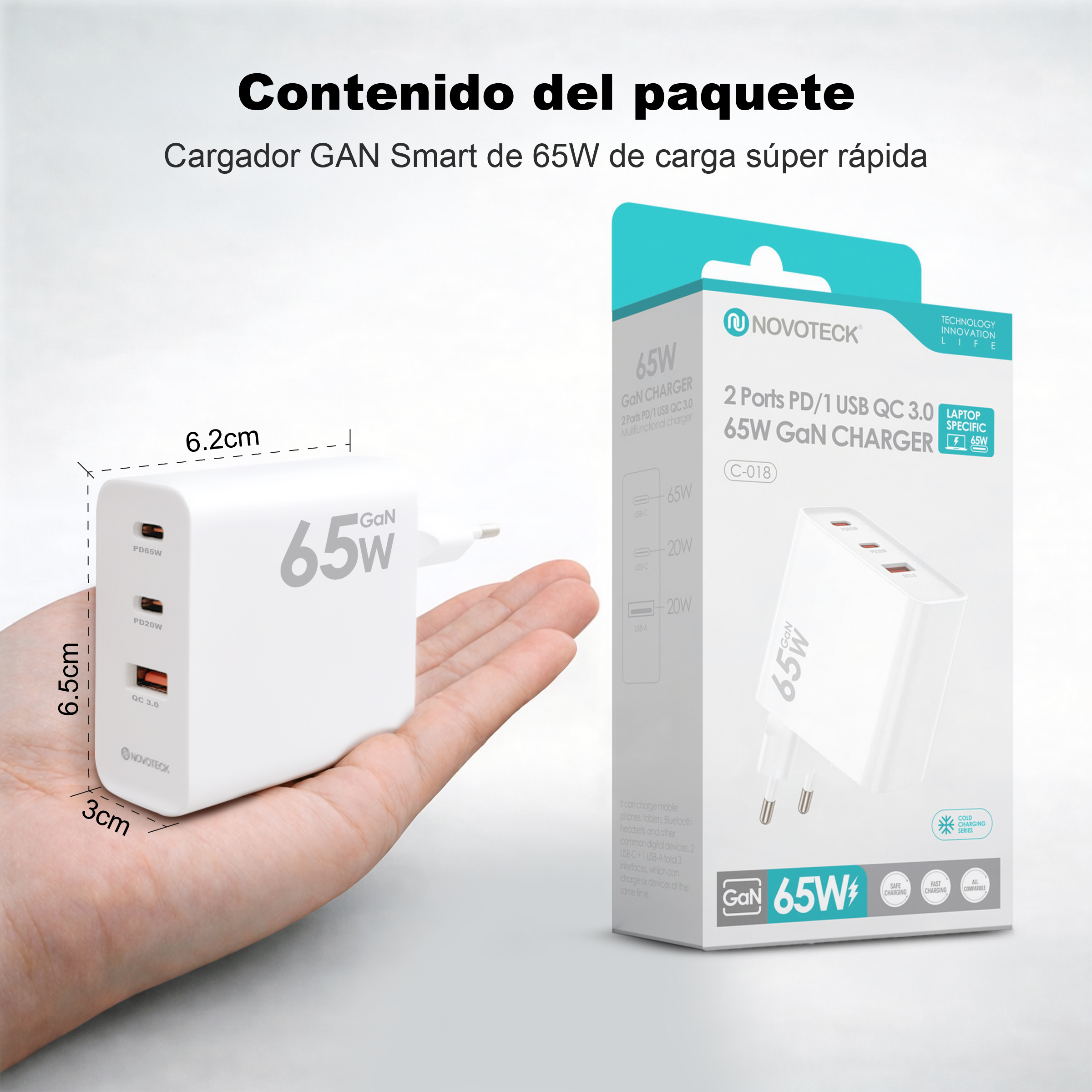 Un cargador GaN blanco de 65W con 2 puertos USB-C y 1 USB-A se sostiene en una mano.