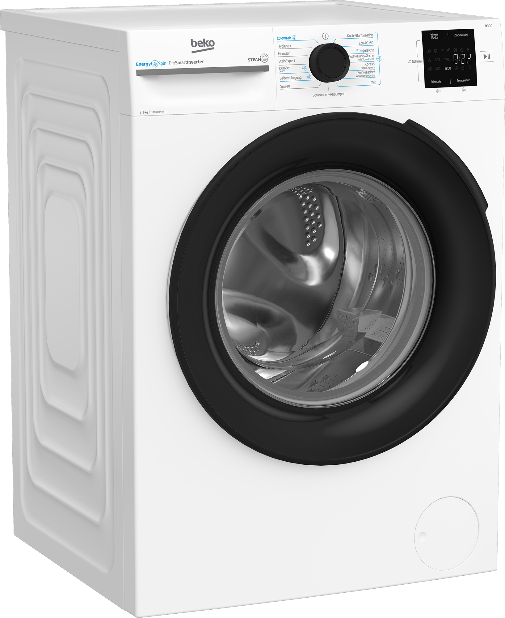 Eine weiße Beko-Waschmaschine mit schwarzer Tür und Bedienfeld.