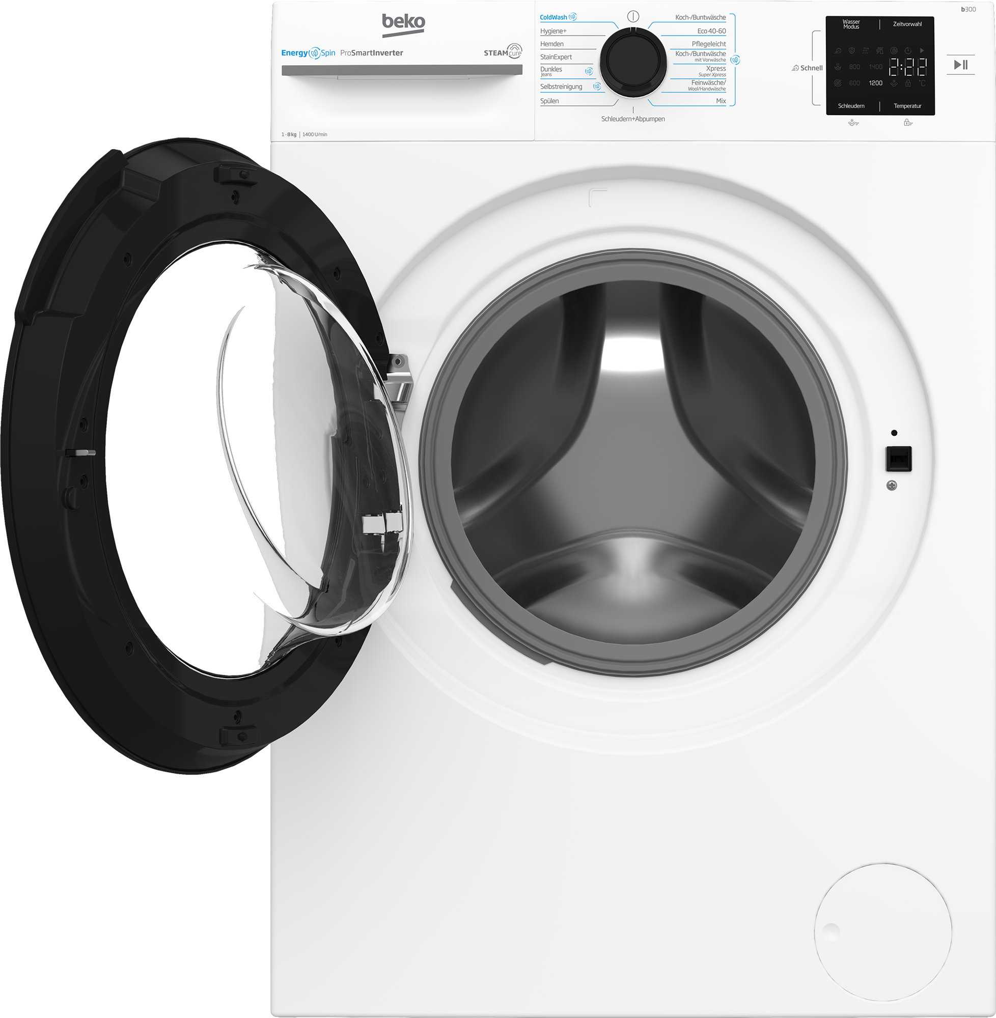 Eine weiße Beko Waschmaschine mit geöffneter schwarzer Tür und Trommel.