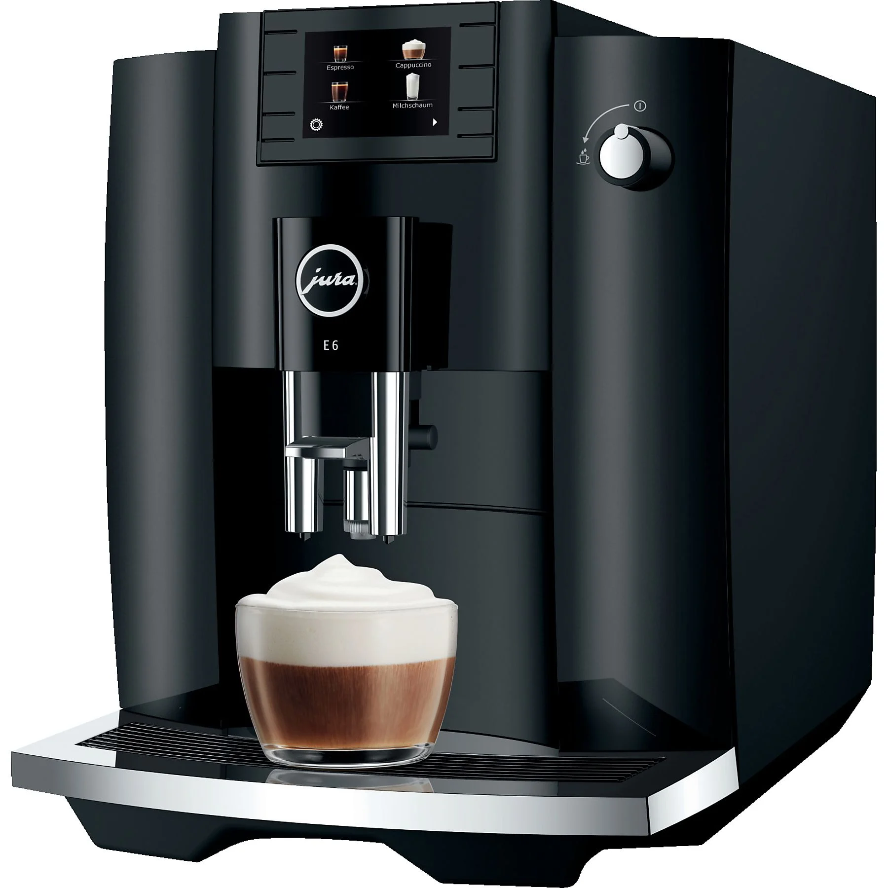 Una macchina da caffè Jura nera con un bicchiere di schiuma di latte.