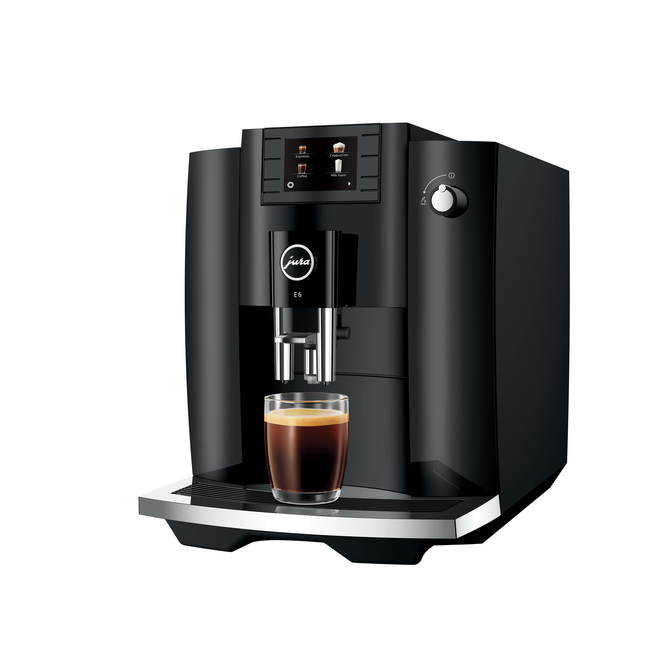 Macchina da caffè Jura E6 nera con un bicchiere di espresso.