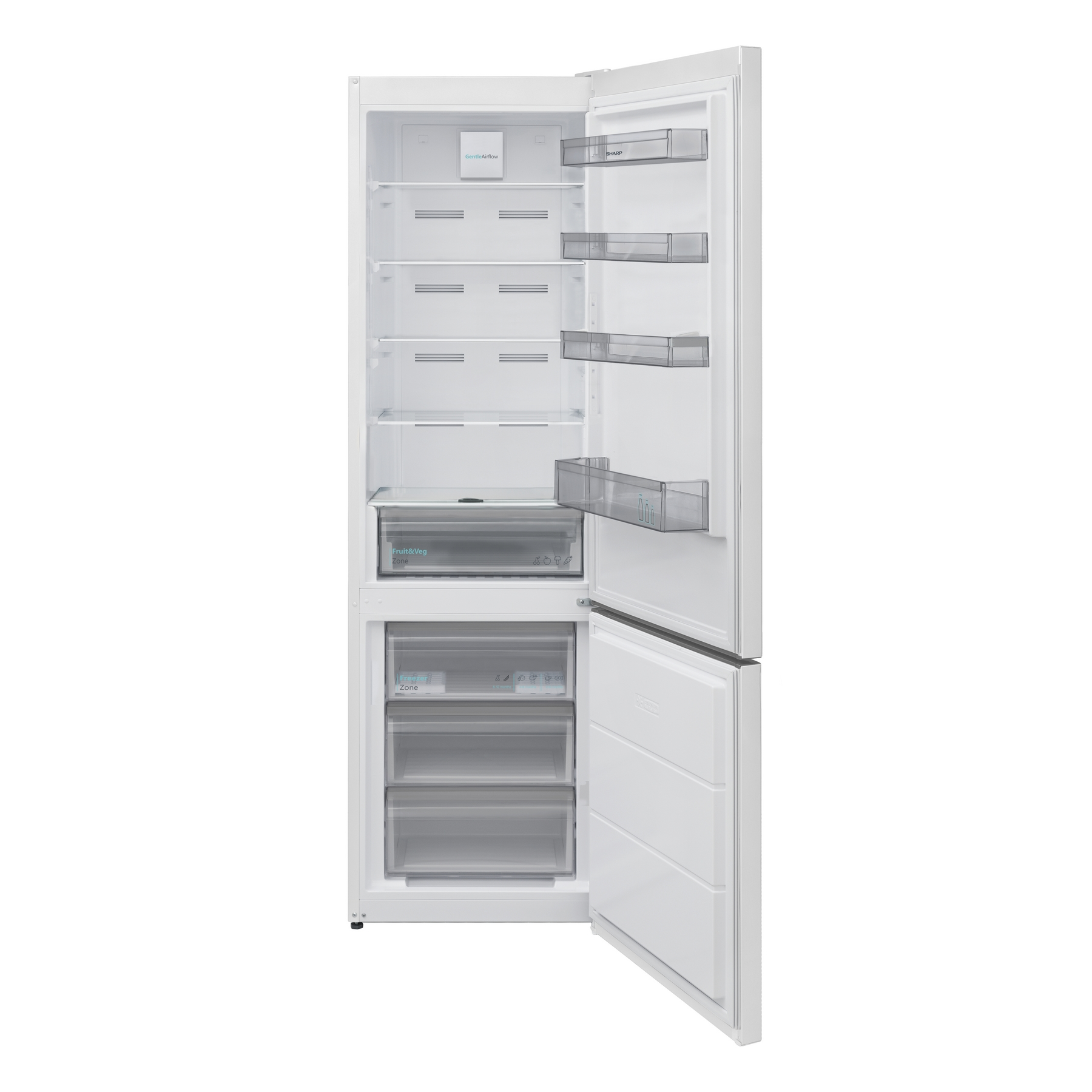 Un frigorifero bianco con la porta aperta rivela scaffali e cassetti. In alto ci sono quattro scaffali e tre scomparti sulla porta.