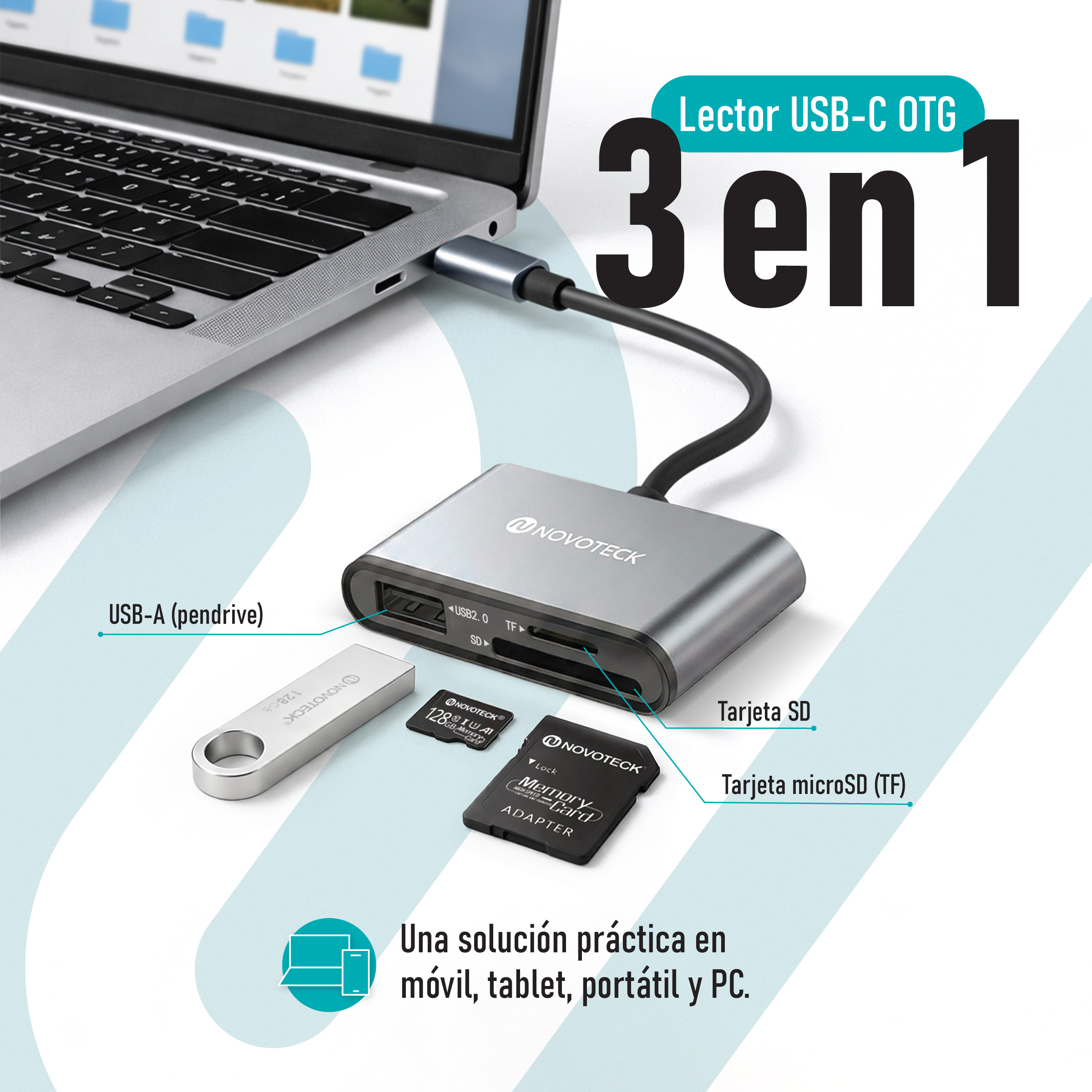 Un lector de tarjetas 3 en 1 USB-C OTG con puertos SD, microSD y USB-A, conectado a un portátil.