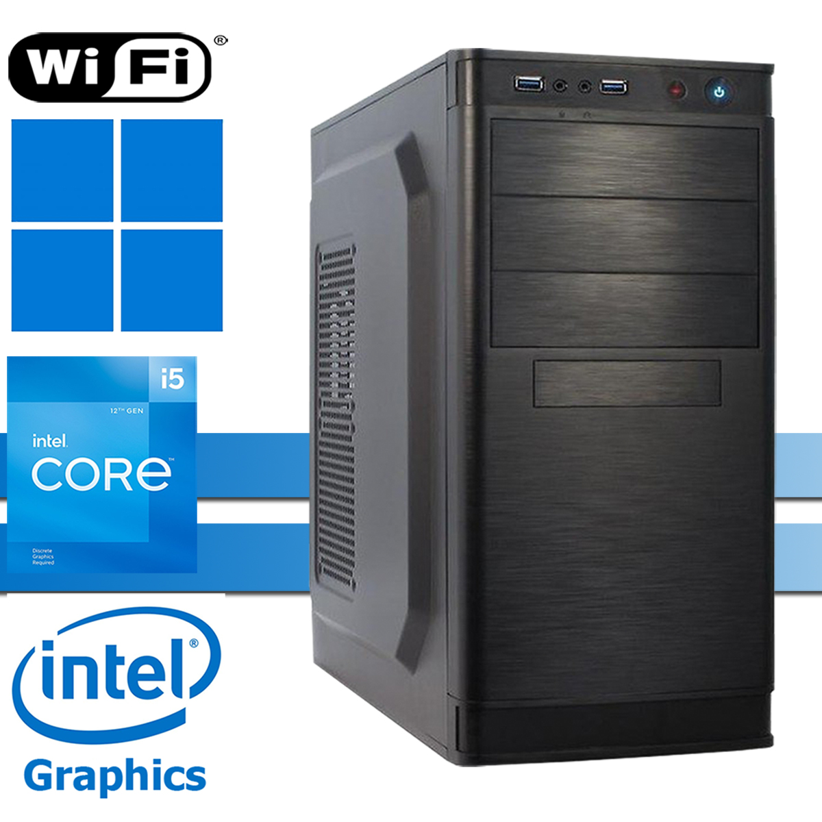 Schwarzer PC-Turm mit Intel Core i5 12th Gen und Intel Graphics Logos.