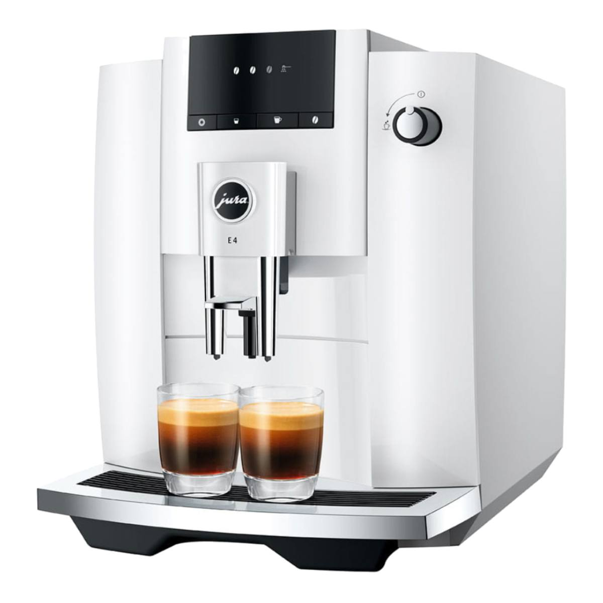 Una macchina da caffè Jura bianca con due bicchieri da espresso.