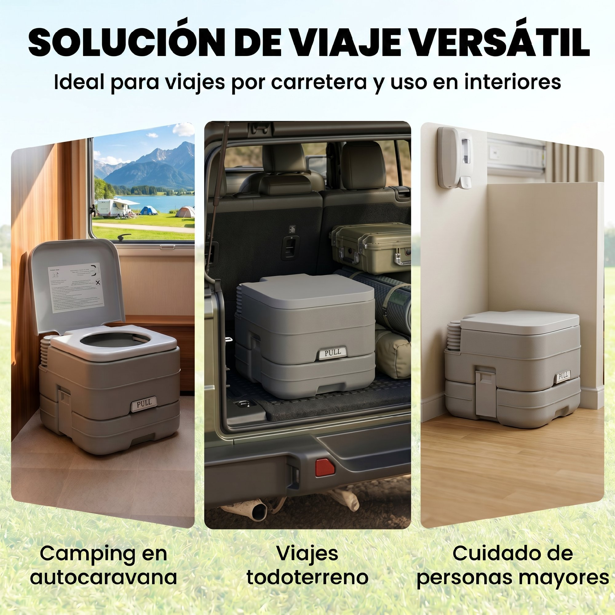 Inodoro portátil mostrado en autocaravana, maletero y interior.