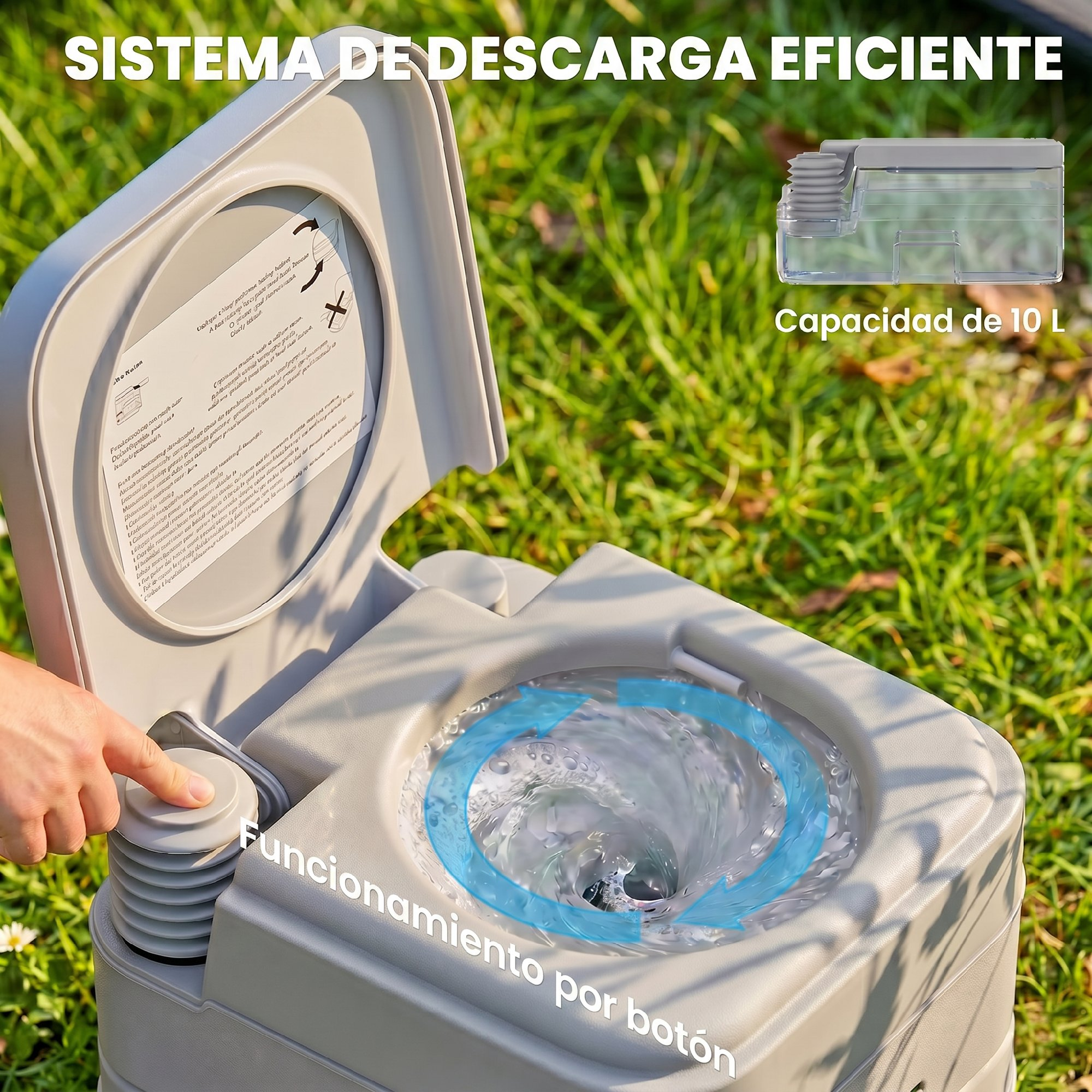 Inodoro gris con tapa abierta, agua girando. Mano presiona botón. Capacidad 10L.