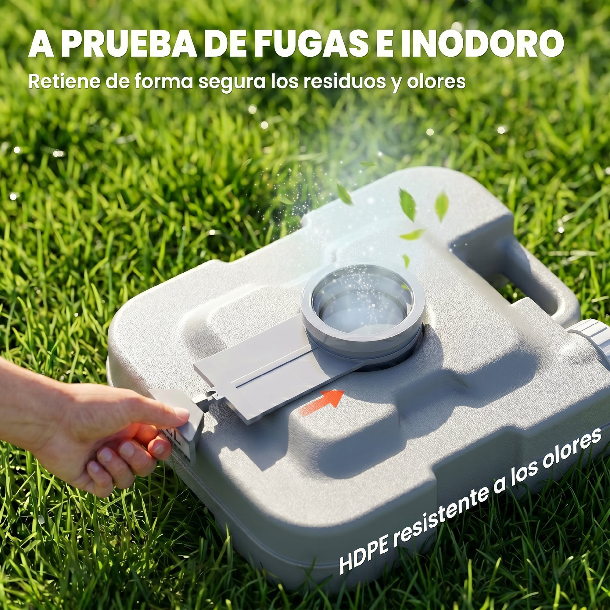 Contenedor gris en el césped con tapa abierta y hojas.