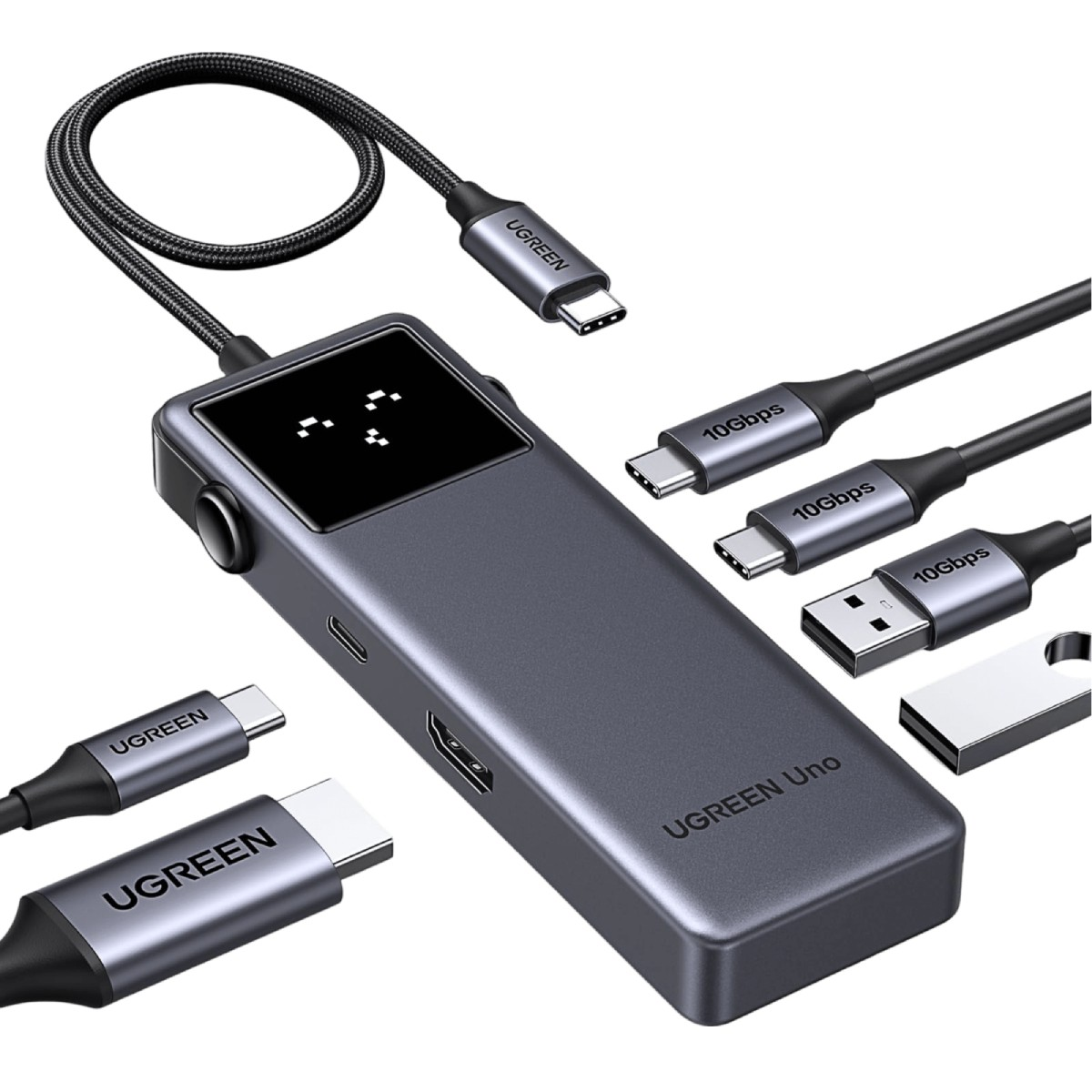 Hub UGREEN Uno z portami USB-C, HDMI, USB-A i kablami. Czarne urządzenie.