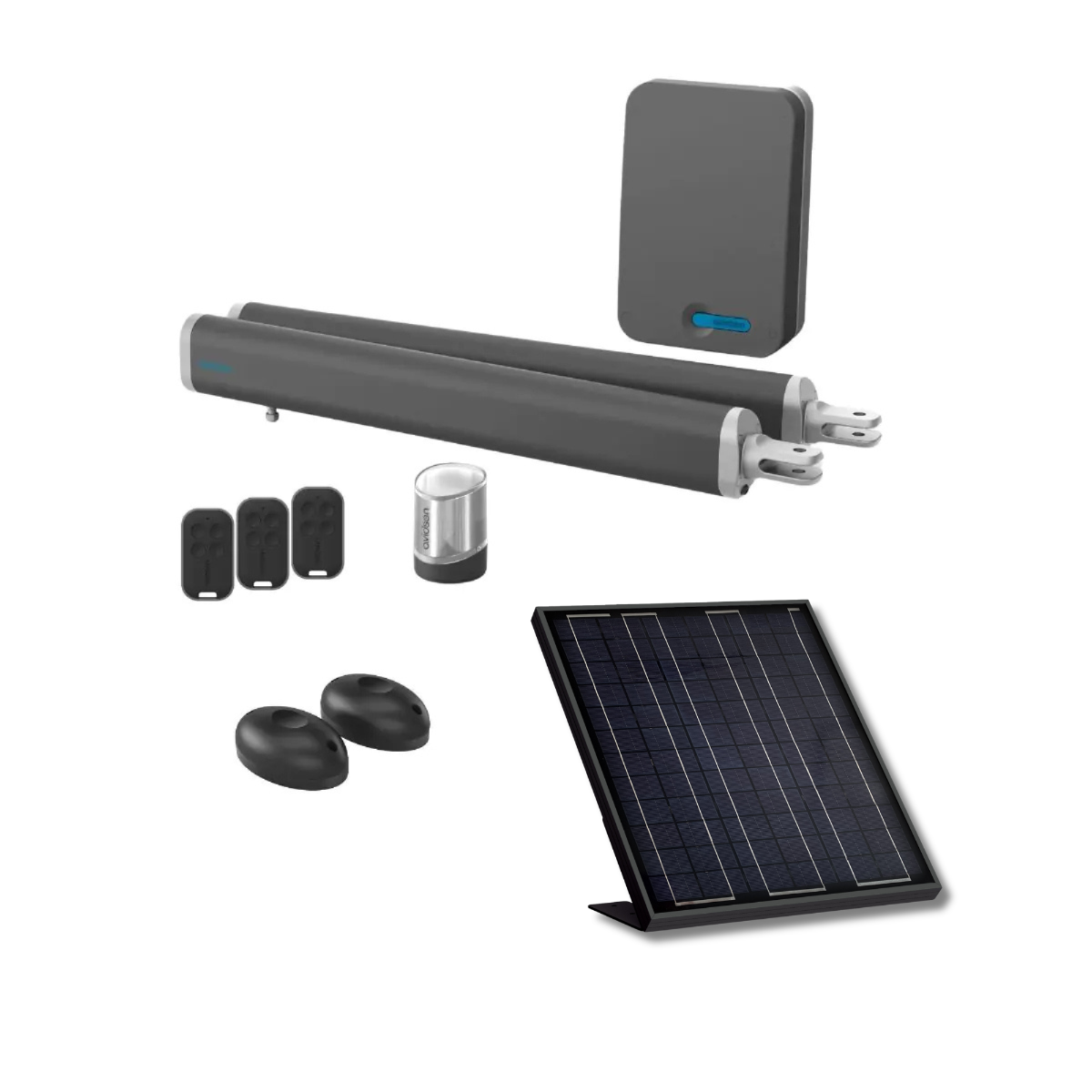 Kit abridor de puerta con dos actuadores lineales, caja de control, mandos, panel solar y sensor.