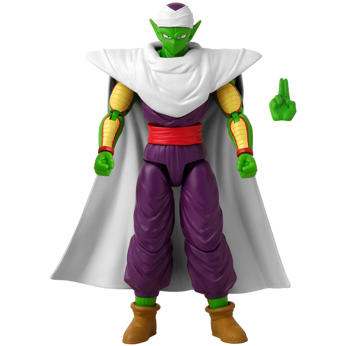 Figura verde con pantalones morados, capa blanca, cinturón rojo y botas marrones.