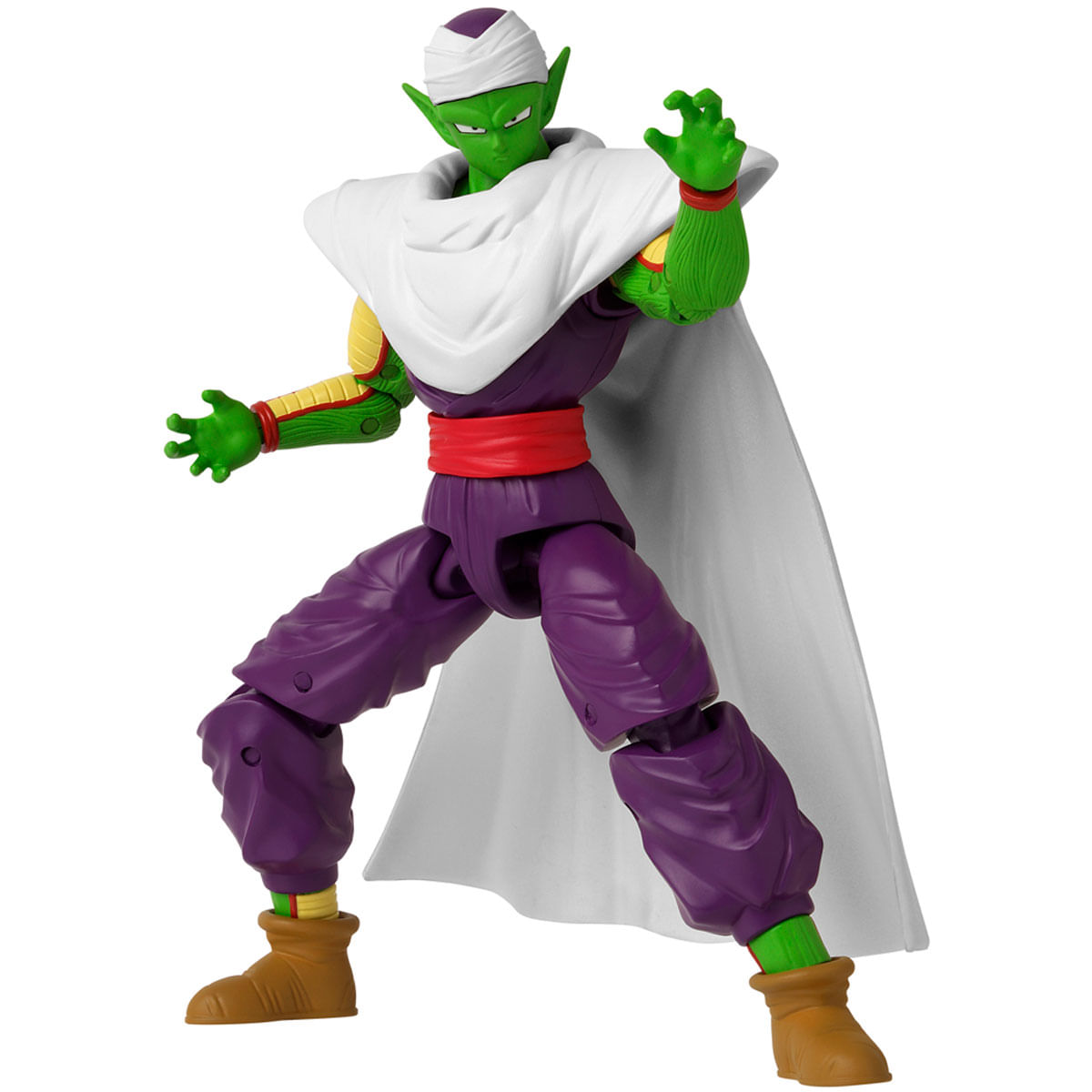 Figura verde con pantalones morados, capa blanca y cinturón rojo.